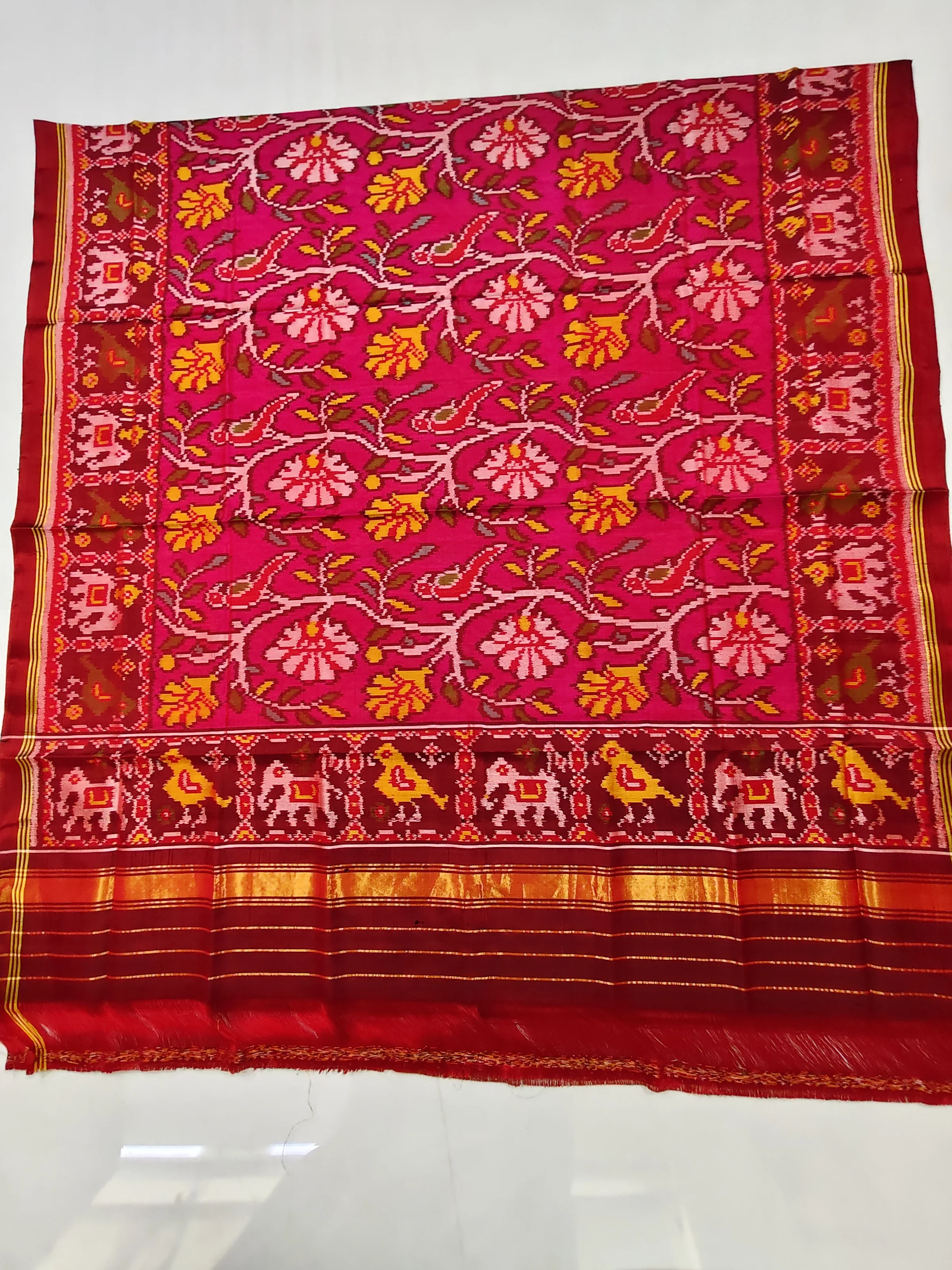 Coffee Brown Hathi Popat Animal Border Pink Tree Motifs Semi Ikat Dupatta for Chaniya Choli