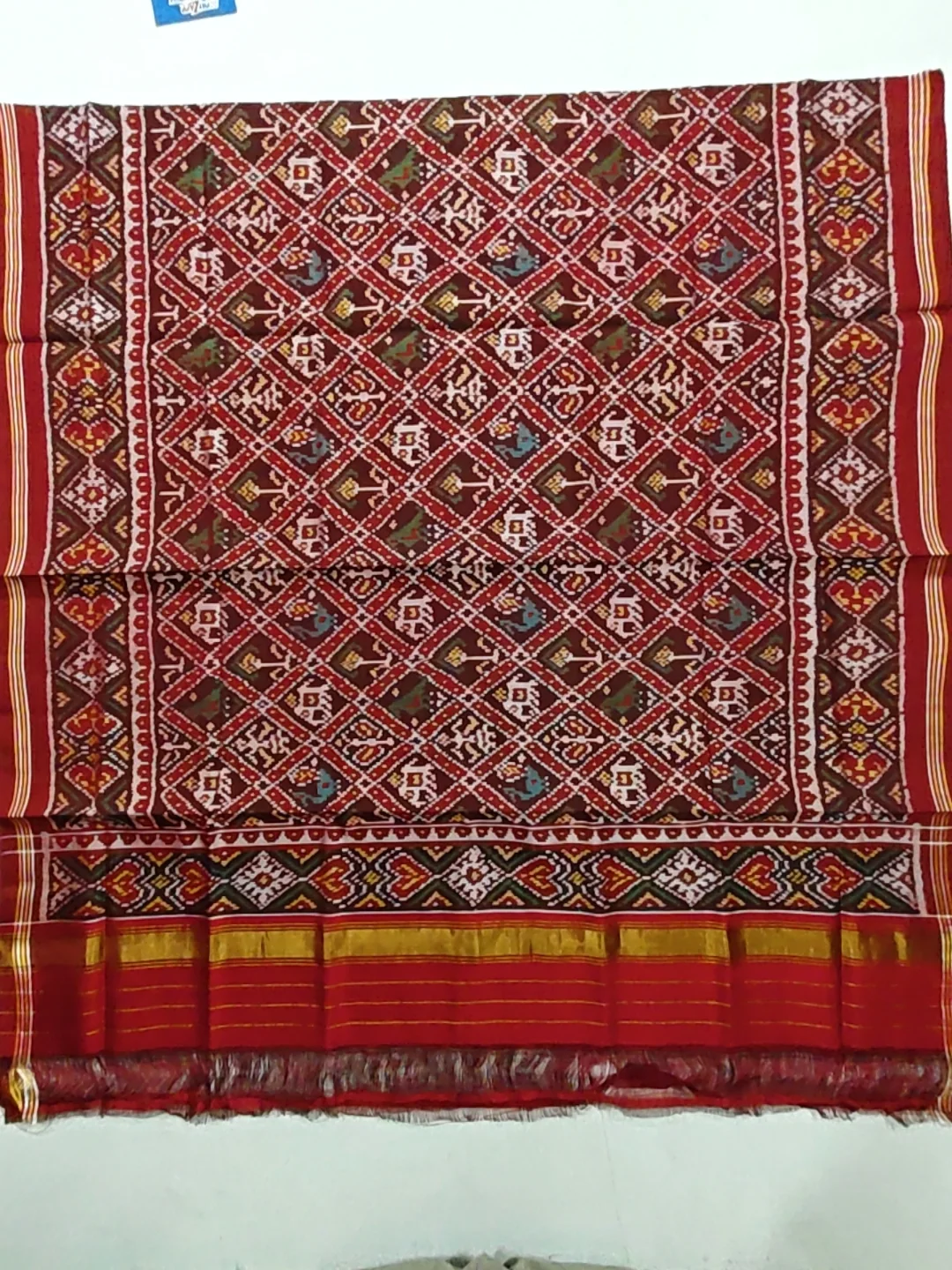 Red & Coffee Brown Nanu Narikunj Motifs Single Ikat Chaniya Choli Dupatta 8 Ply Silk