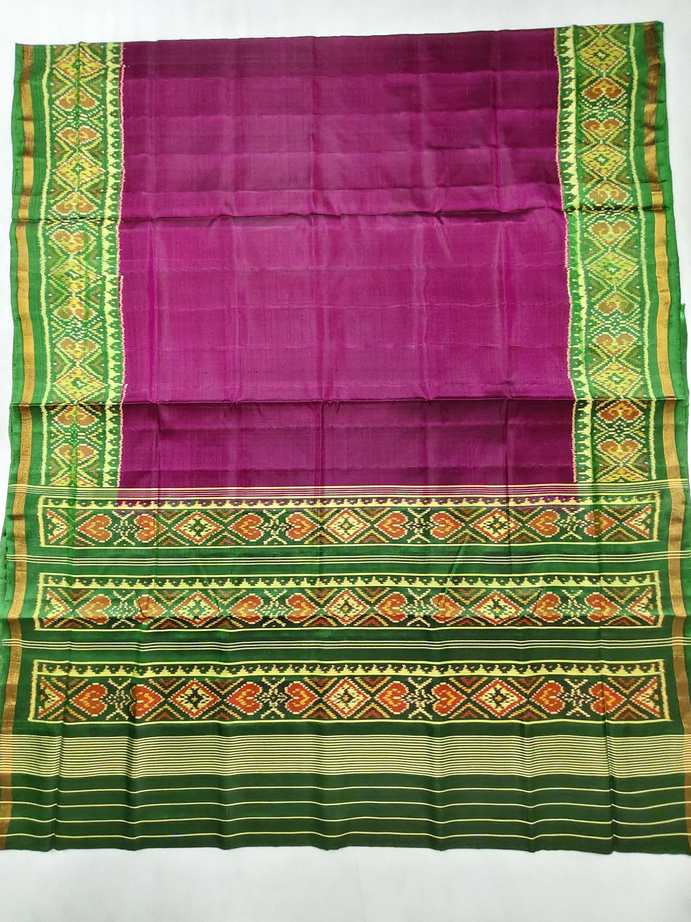 Green Selari Border Wine Gala Single Ikat Patola Saree with Blouse Piece (6 Ply Silk)