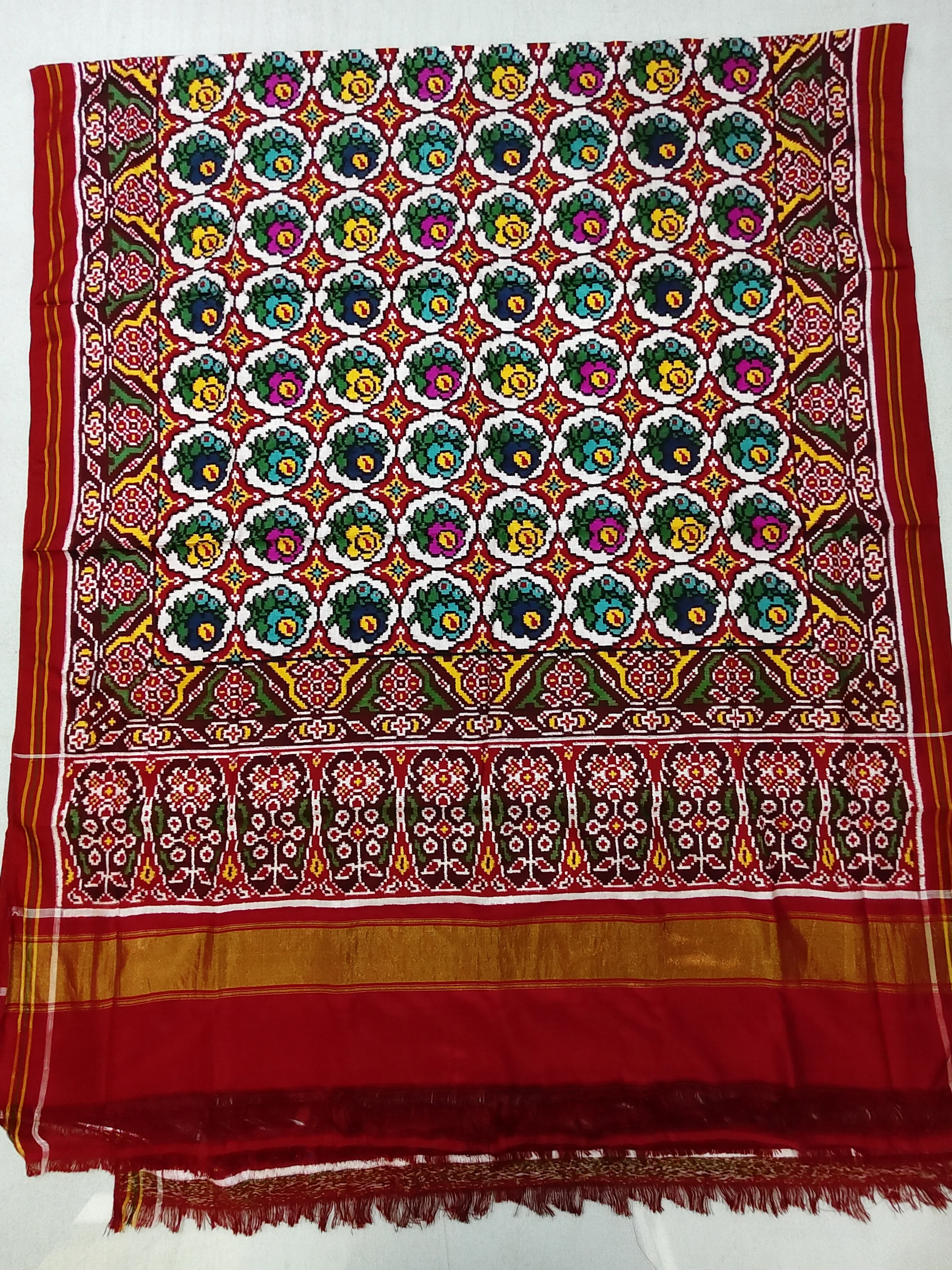 Double Ikat Patola Saree – Red & White Base | Gulab motifs  | Border Triful Motifs