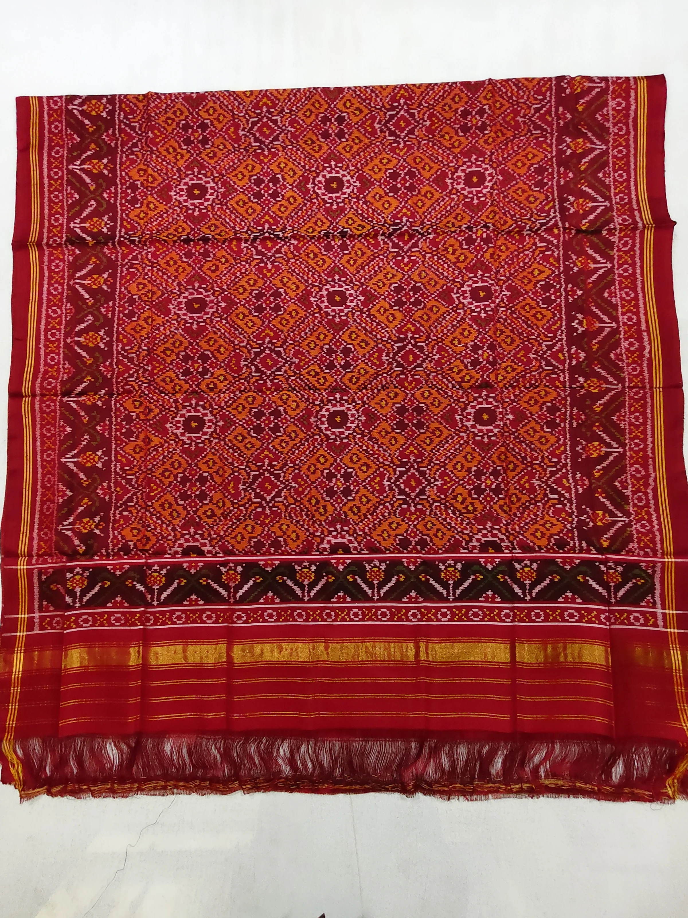 Red Jad Border Light Orange Manekchowk Motifs Chaniya Choli Dupatta Single Ikat 8 Ply Silk