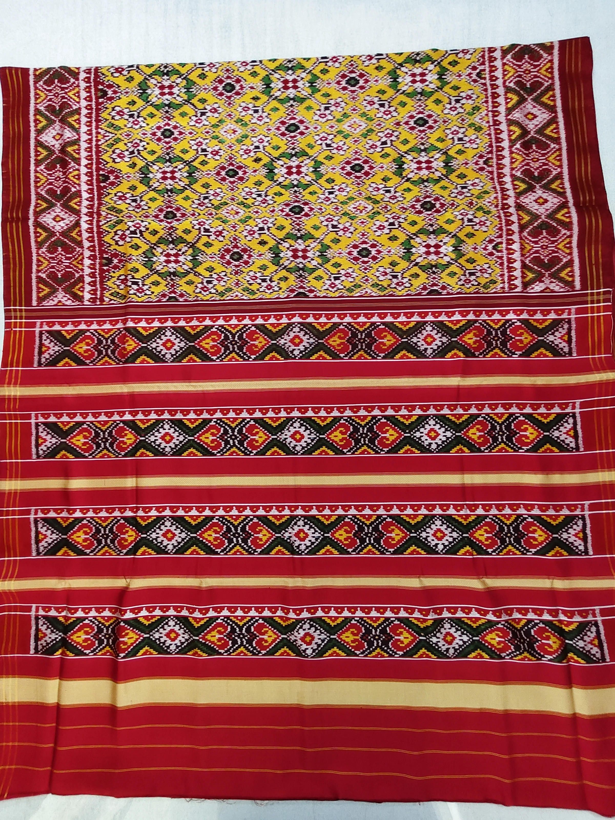 Twill Ikat Patola Saree with Red Selari Border, Yellow Navratan Motifs and Red Blouse Piece