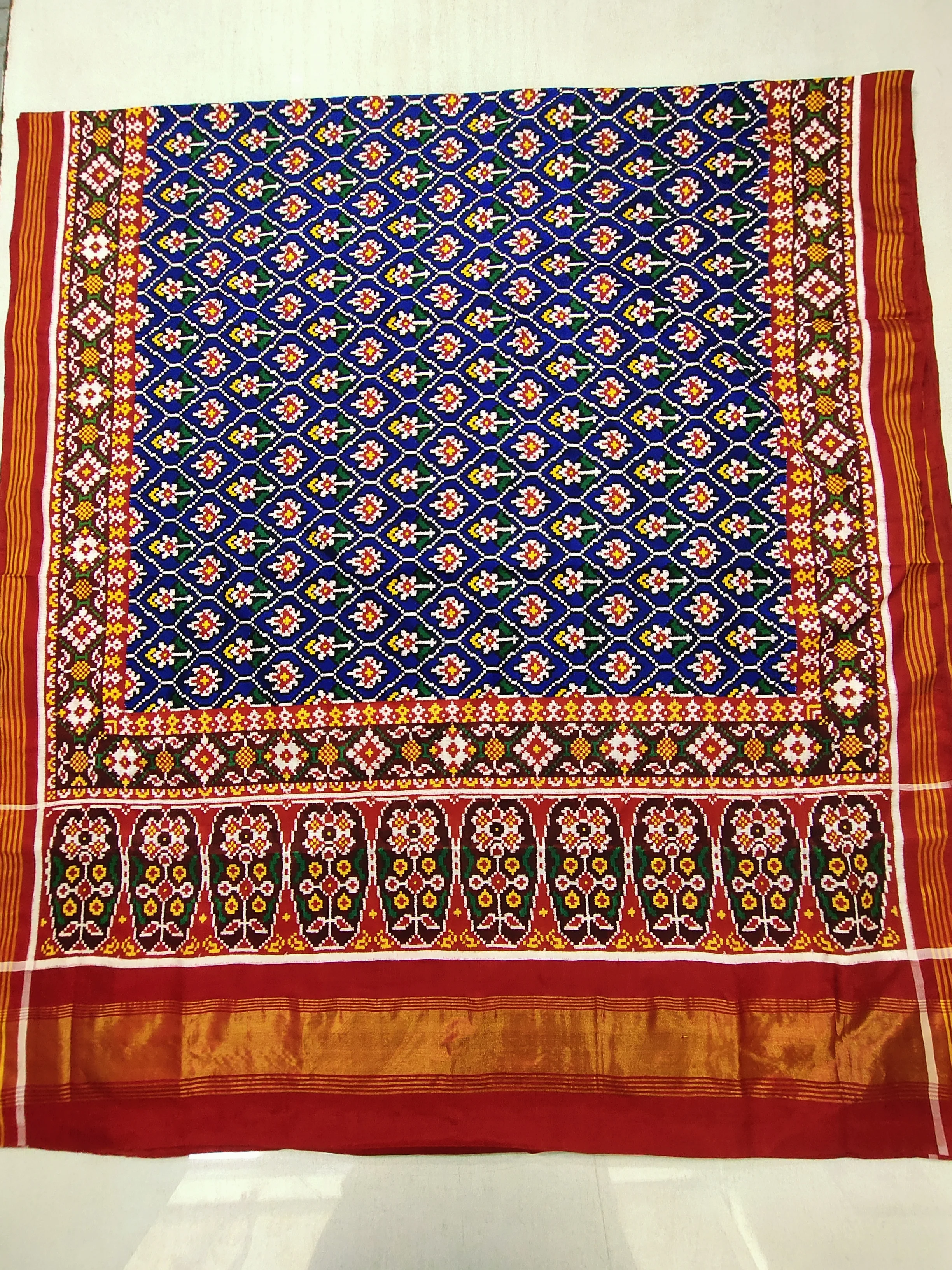 Double Ikat Patola Saree – Red & Blue | Rudraksh Border | Rudraksh Motifs