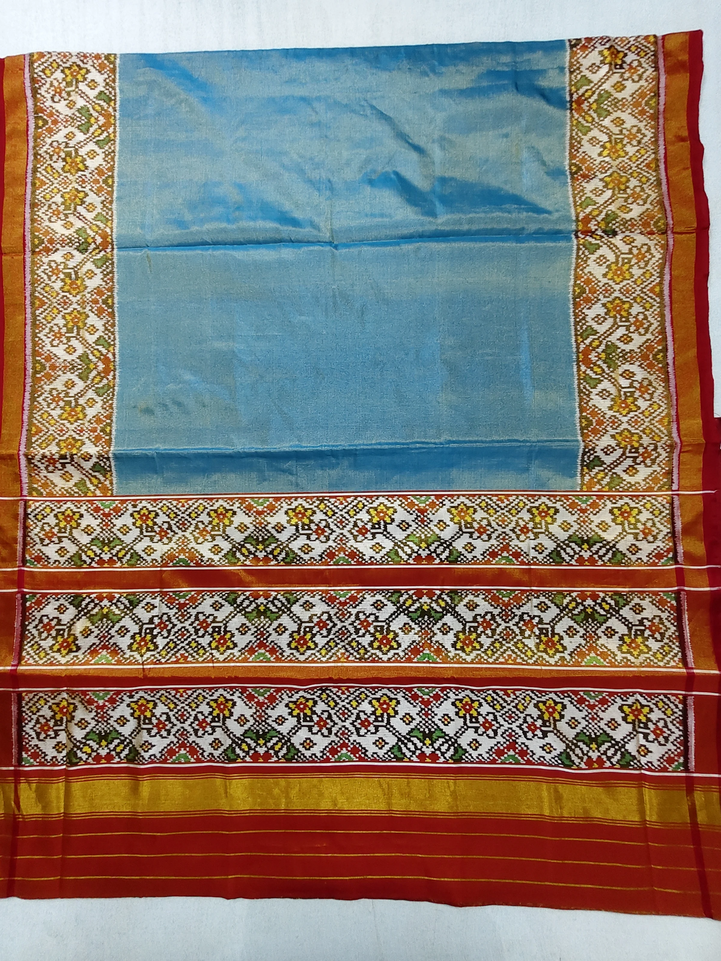 Red Sky Blue Navratan White Border Plain Tissue Galo Patola Saree