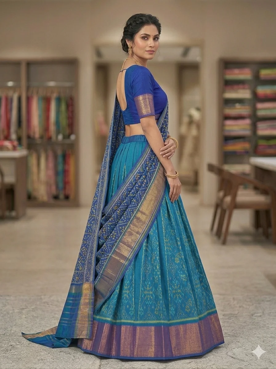 Tile Blue Morpich Colour Navratan Kali Chaniya Choli Material with Navratan Border Dupatta and Plain Blouse Piece