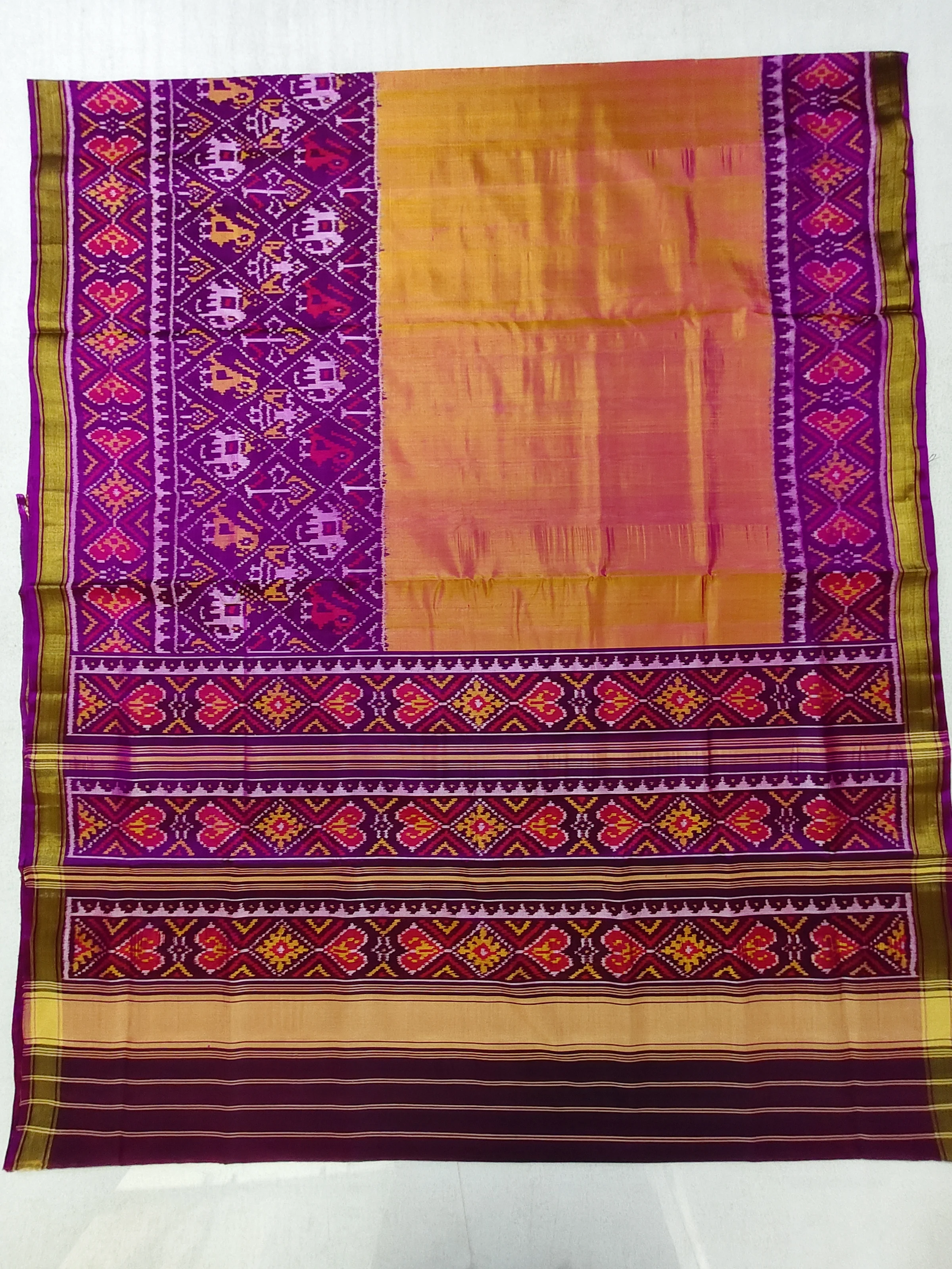 Purple Selari Border Pallu Mustard Yellow Skirt with Nanu Narikunj Motifs Single Ikat Patola Saree with Blouse Piece (6 Ply Silk)