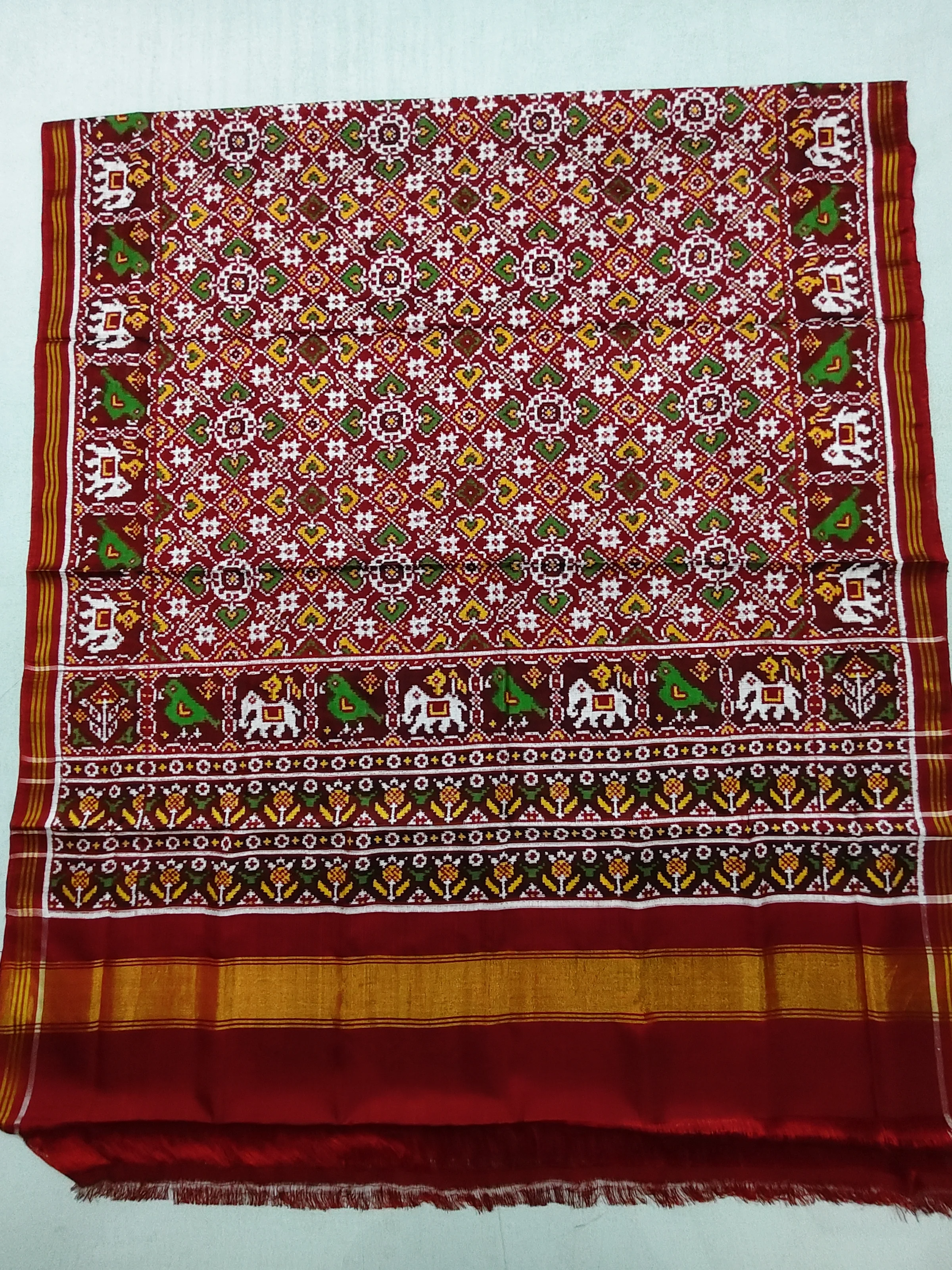 Red Elephant Parrot Border Voragaji Manekchowk Motifs Double Ikat Patola Saree
