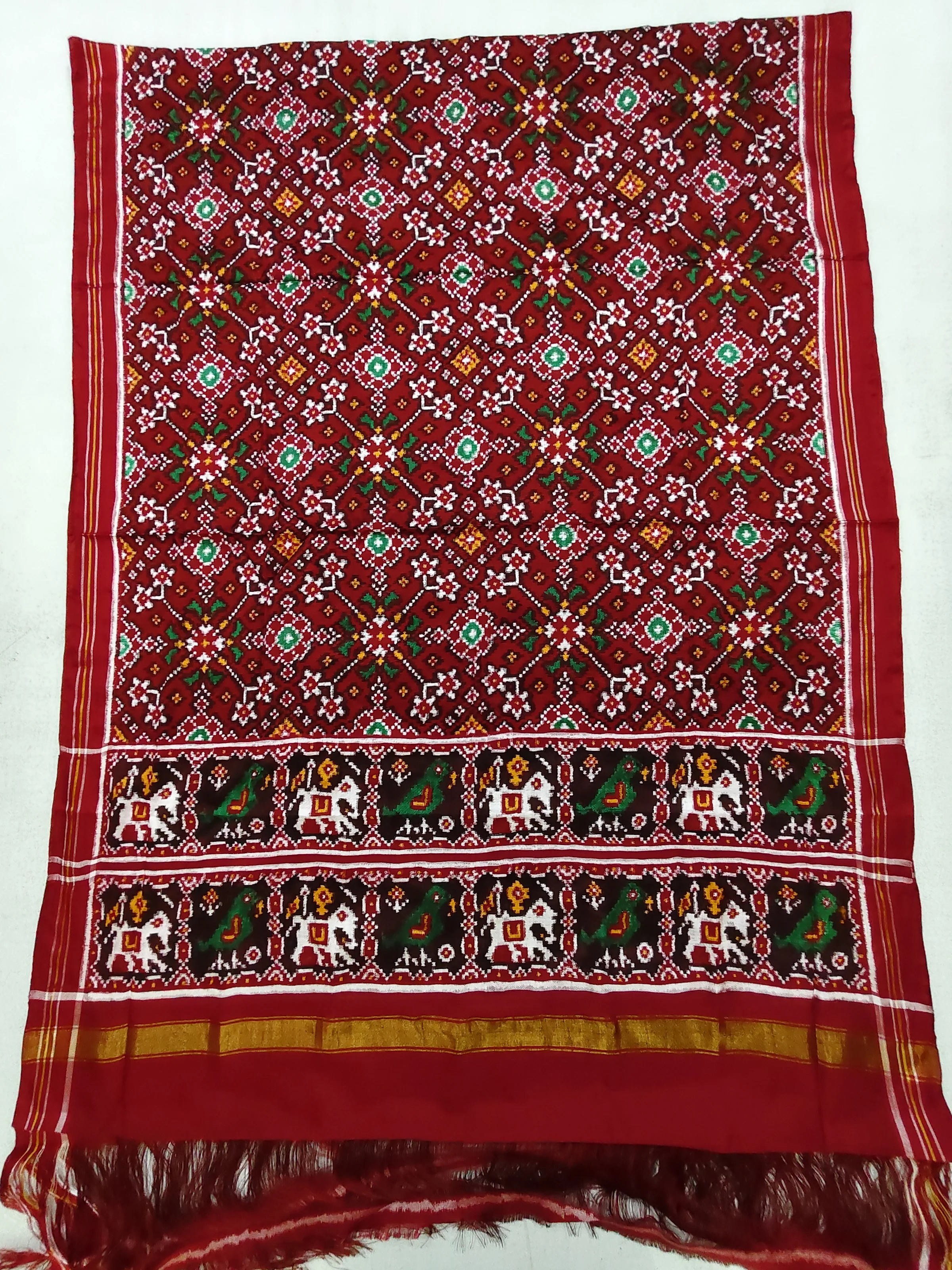 Red Navratan Motifs Animal Pallu Double Ikat Chaniya Choli Dupatta 8 Ply Silk