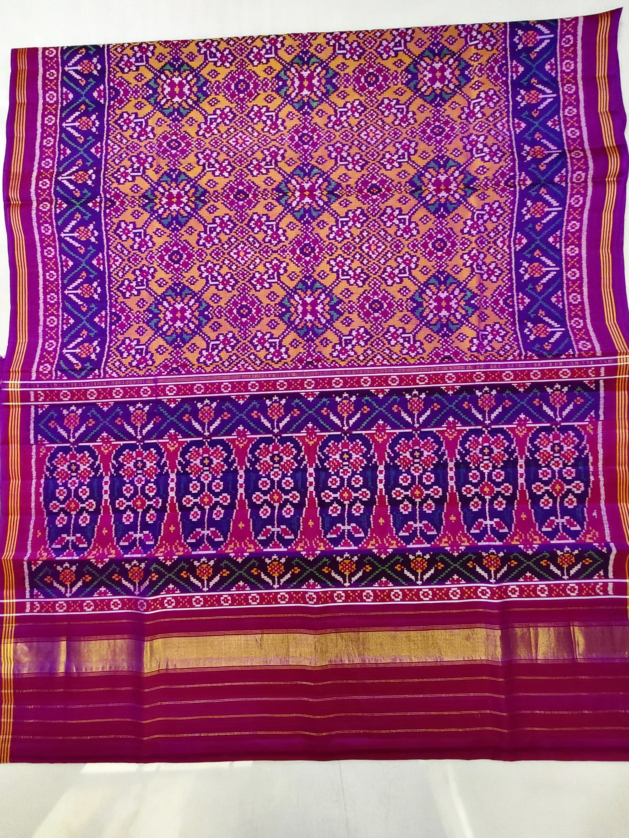 Pink Purple Blue Shine Jad Border Yeelow Navratan Motifs Single Ikat Patola Saree with Blouse Piece (8 Ply Silk)
