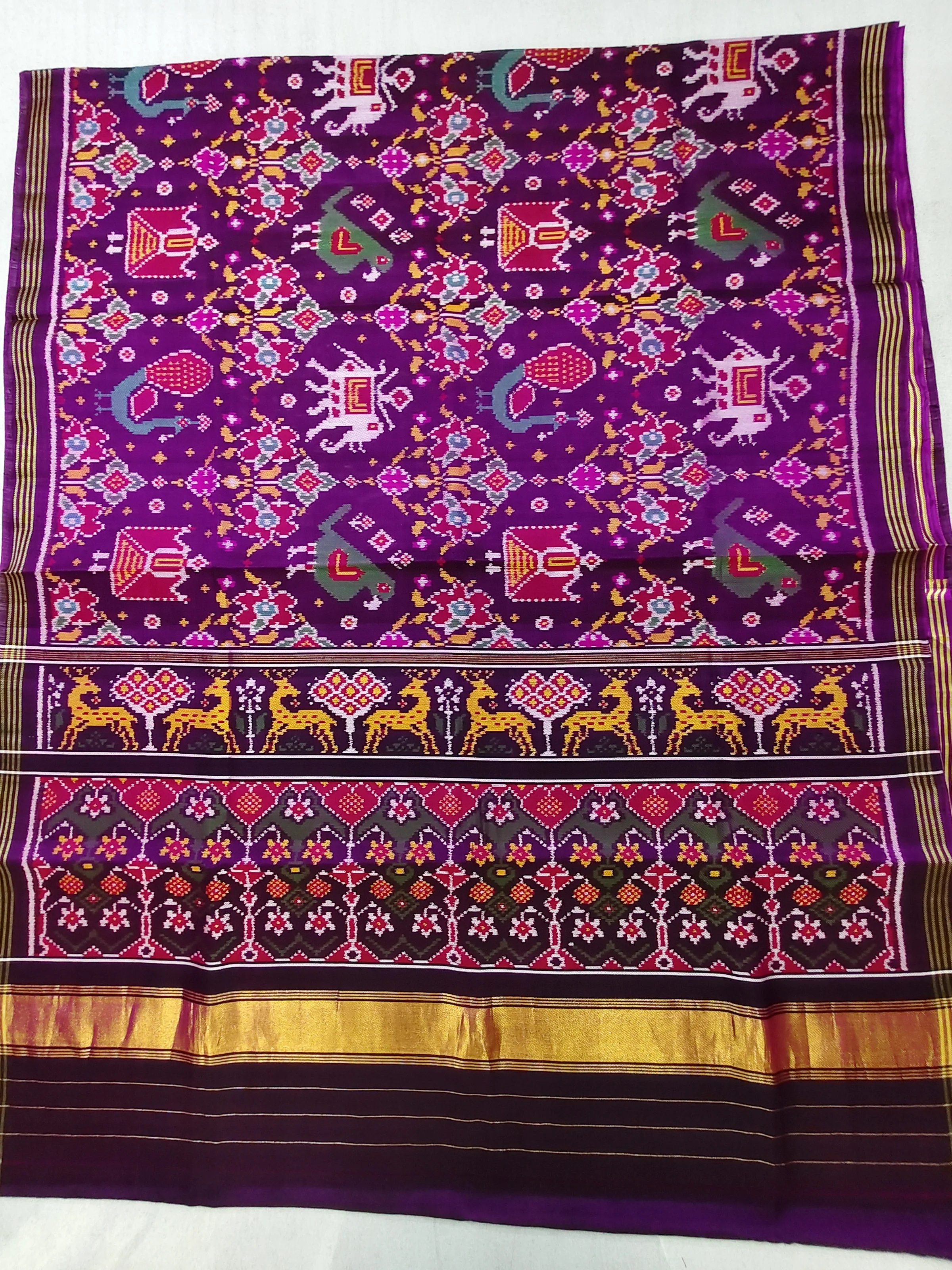Purple Fusion Animal Motifs Twill Ikat Patola Saree