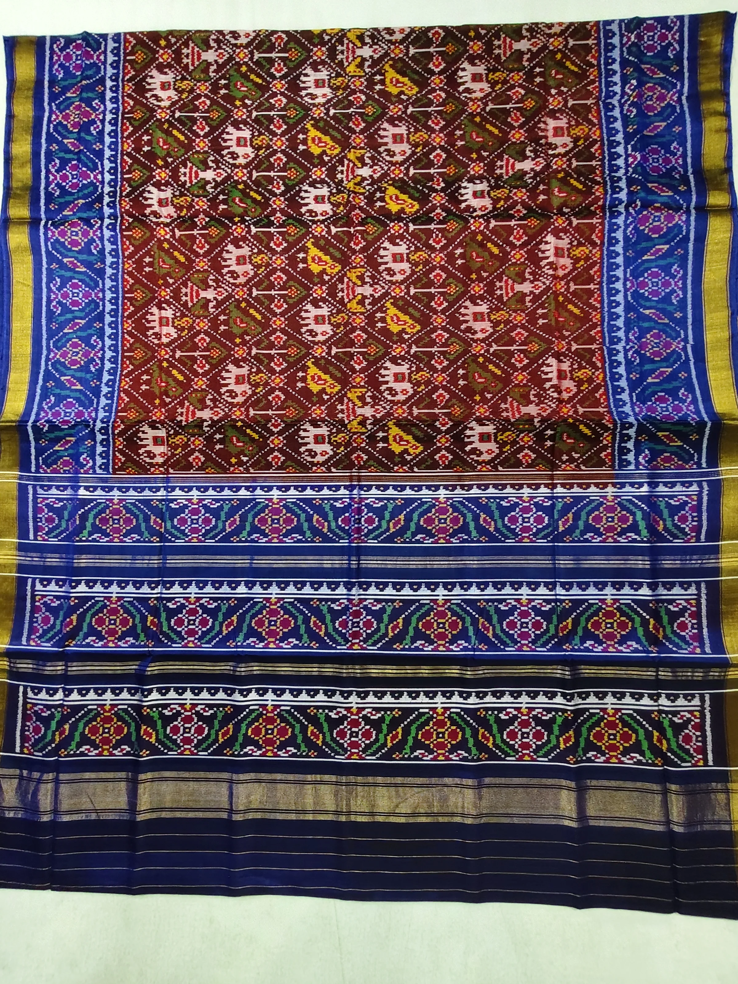 Blue Brown Colour Blue Triful Border Nanu Narikunj Motifs Single Ikat Patola Saree with Blouse Piece (6 Ply Silk)