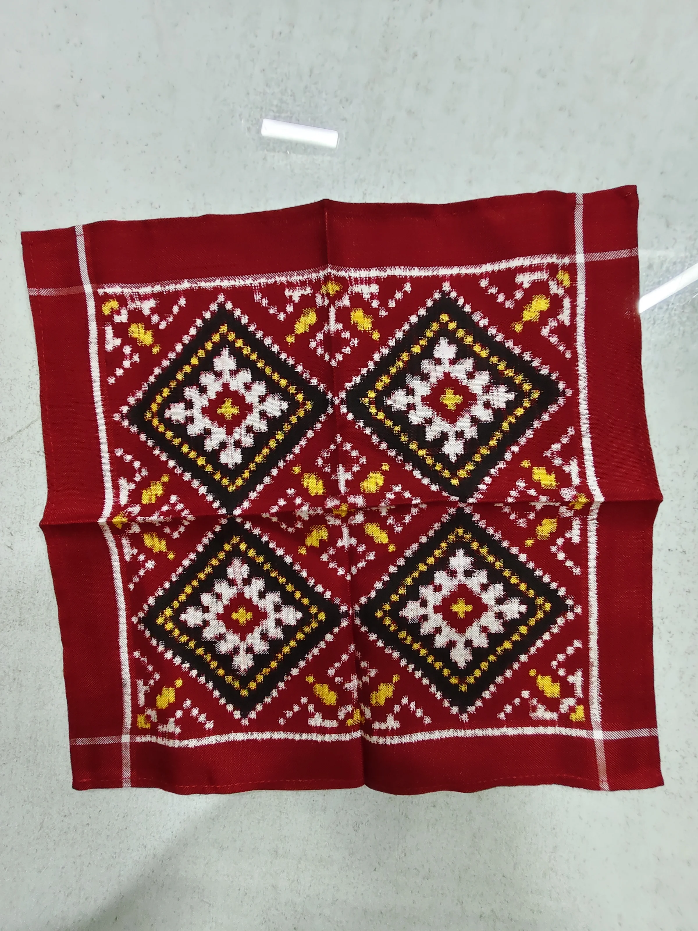 Red Chandabhat Motifs Double Ikat Puja Ramal 12 × 12 Inches