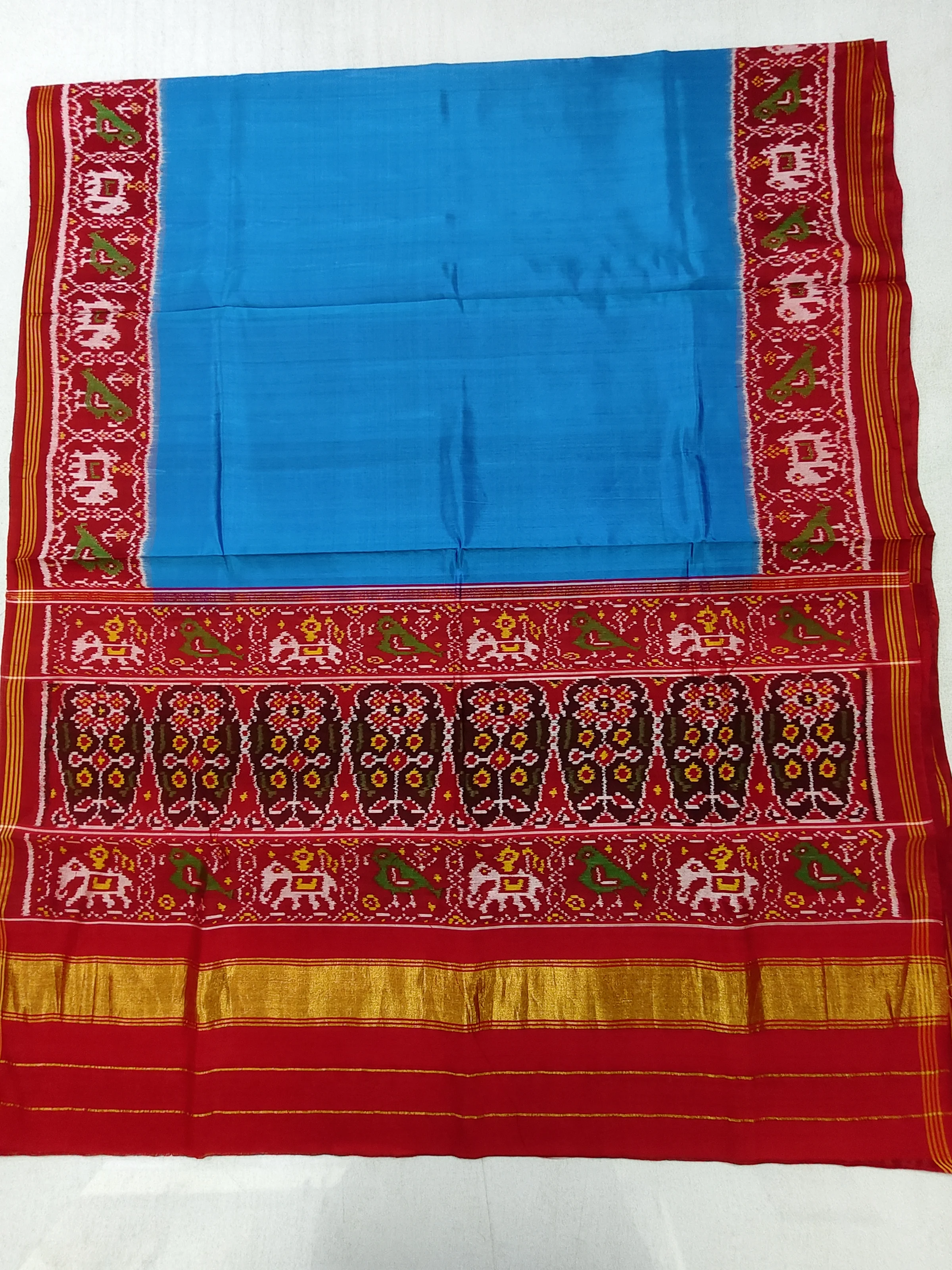 Red Sky Blue Hathi Popat Border Sky Blue Gala Single Ikat Patola Saree with Blue Buttonful Bhat Blouse Piece (8 Ply Silk)