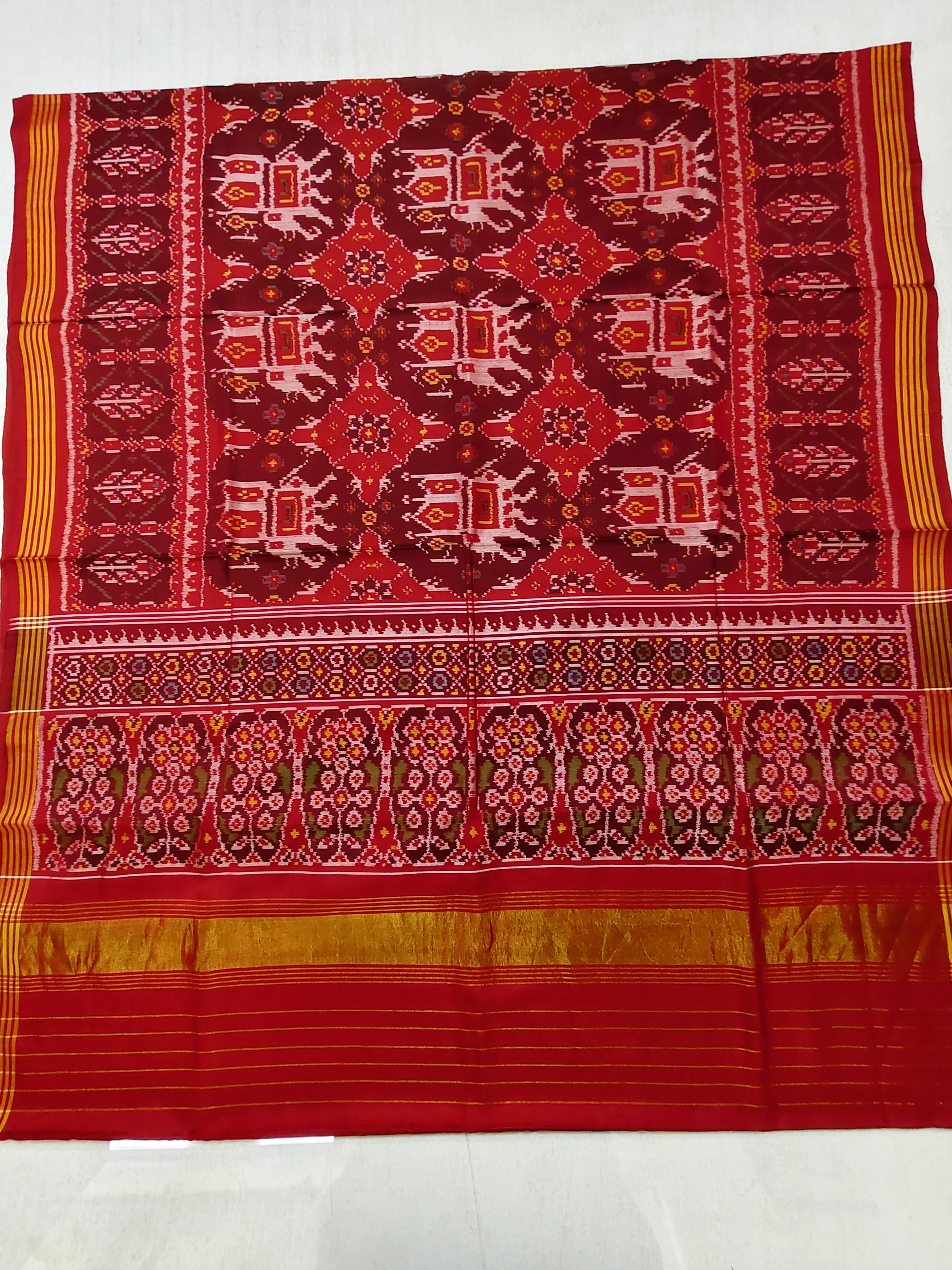 Red Coffee Jad Border Ambadi Elephant (Chabdi) Motifs Single Ikat Patola Saree with Blouse Piece (8 Ply Silk)