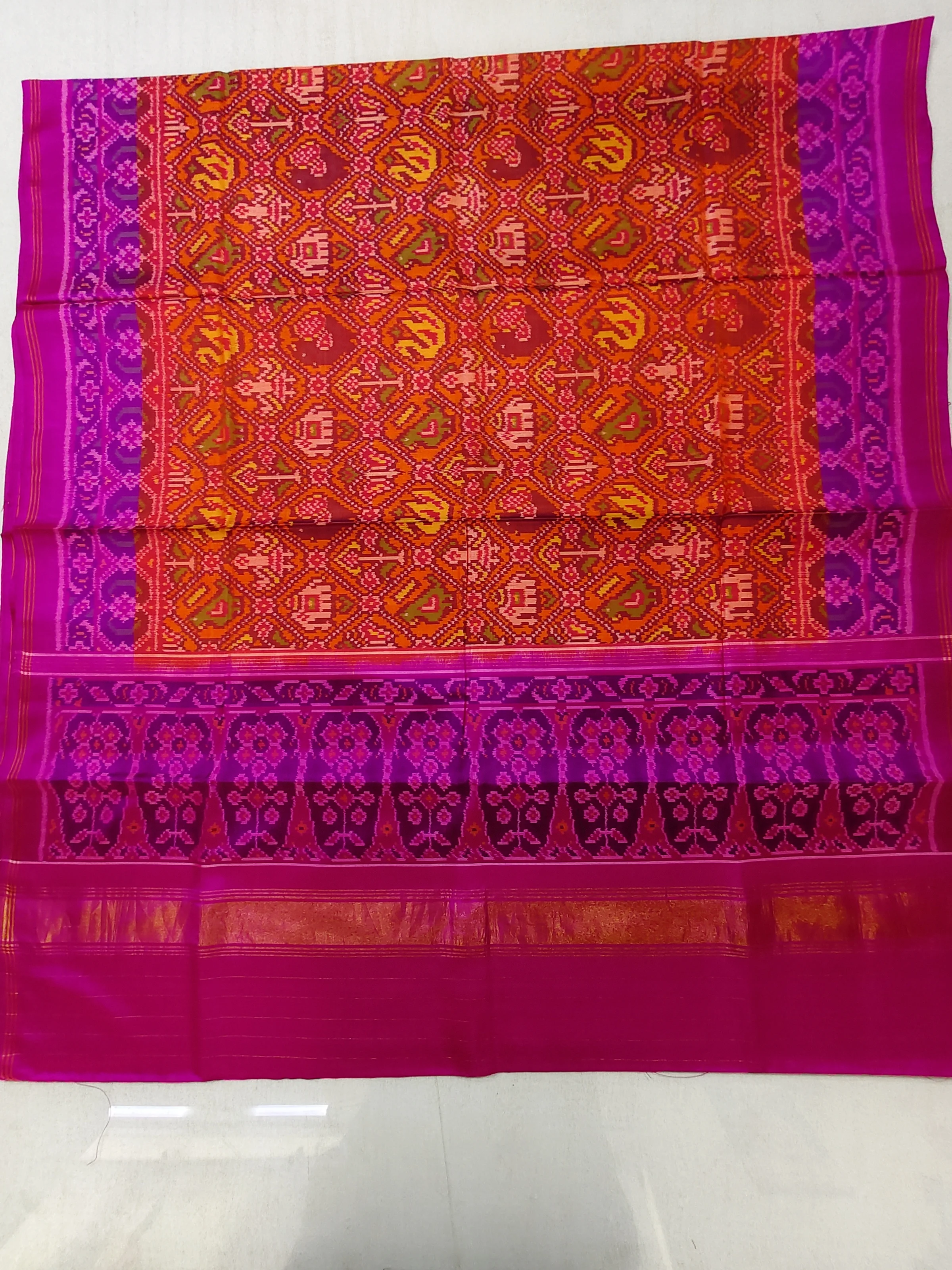 Pink Orange Rudraksh Border Nanu Narikunj Single Ikat Patola Saree with Blouse Piece (8 Ply Silk)