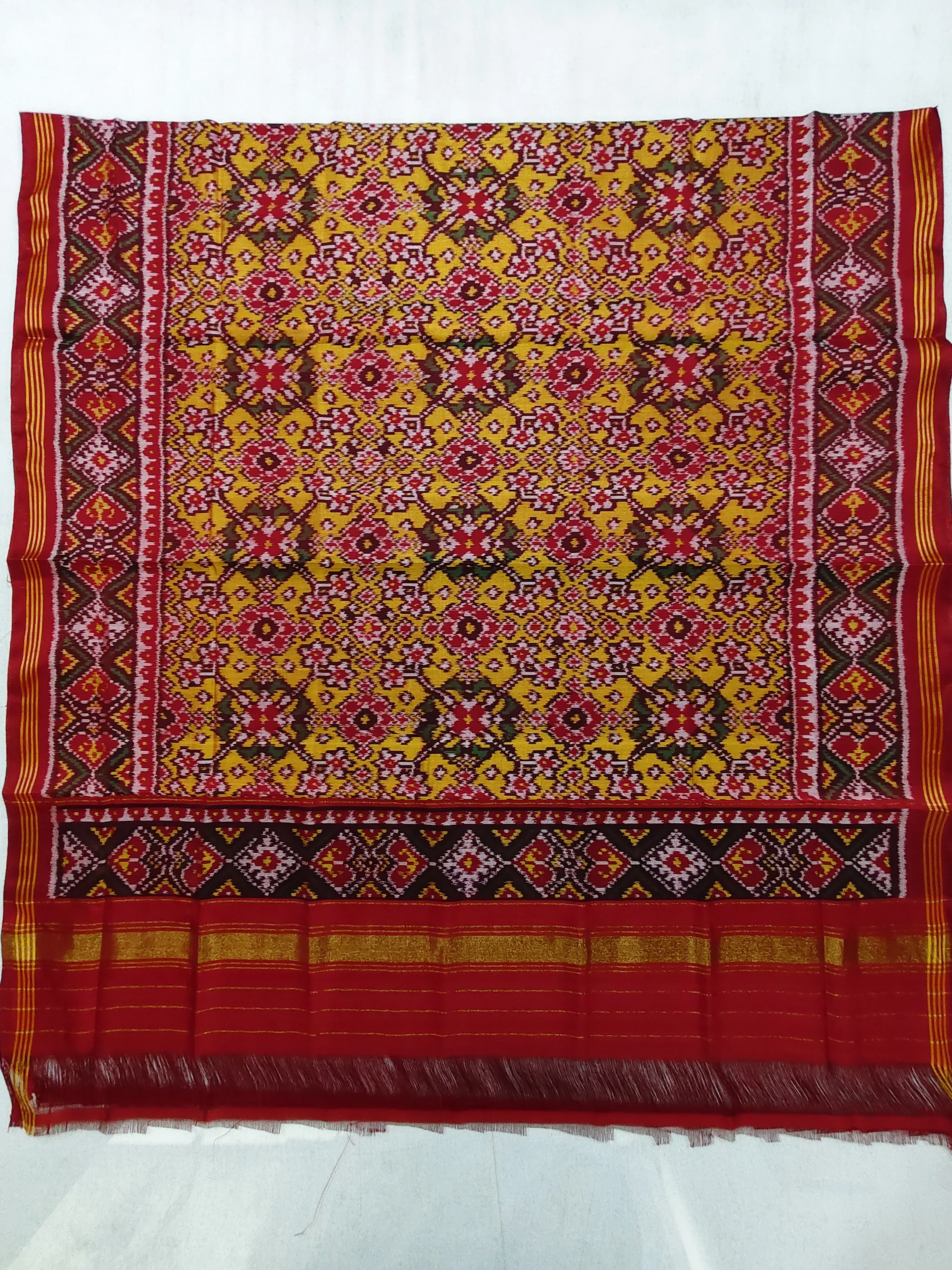 Red Selari Border Mustard Navratan Motifs Single Ikat Chaniya Choli Dupatta
