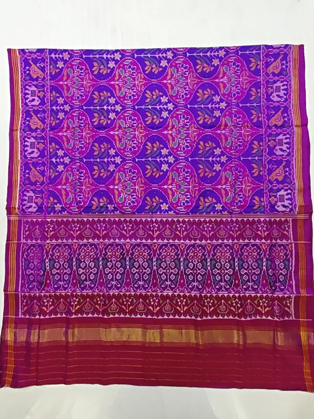 Pink Elephant Parrot Border Matku Motifs Single Ikat Patola Saree 8 Ply Silk