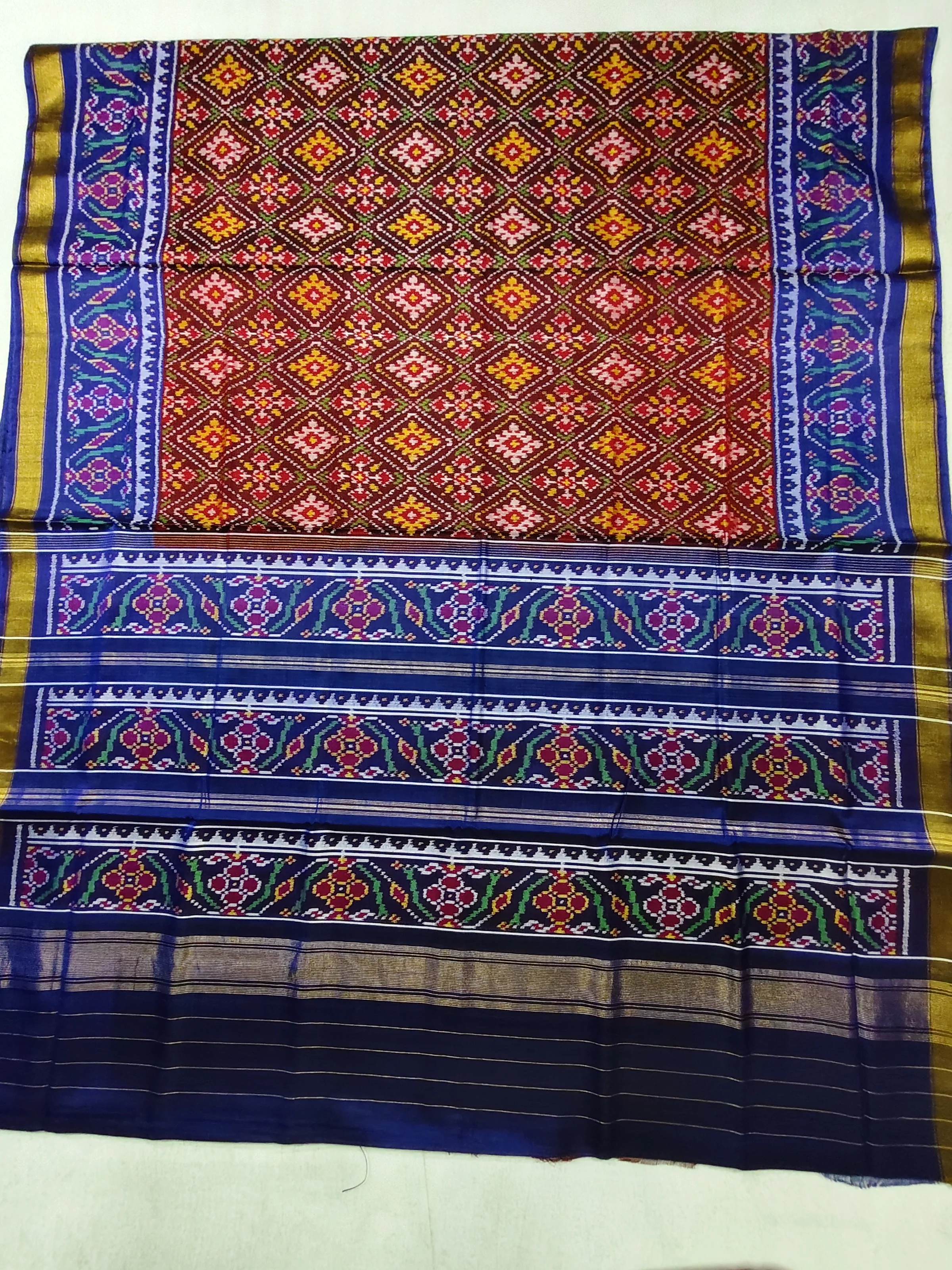 Blue Triful Border Brown Chandabhat Motifs Single Ikat Patola Saree with Blouse Piece (6 Ply Silk)