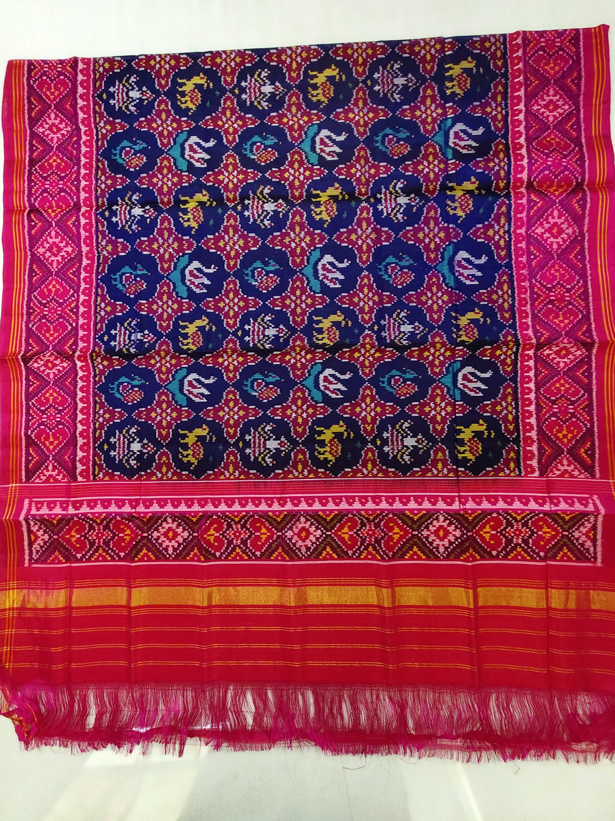Pink Selari Indigo Blue Animal Motifs Single Ikat Dupatta for Chaniya Choli