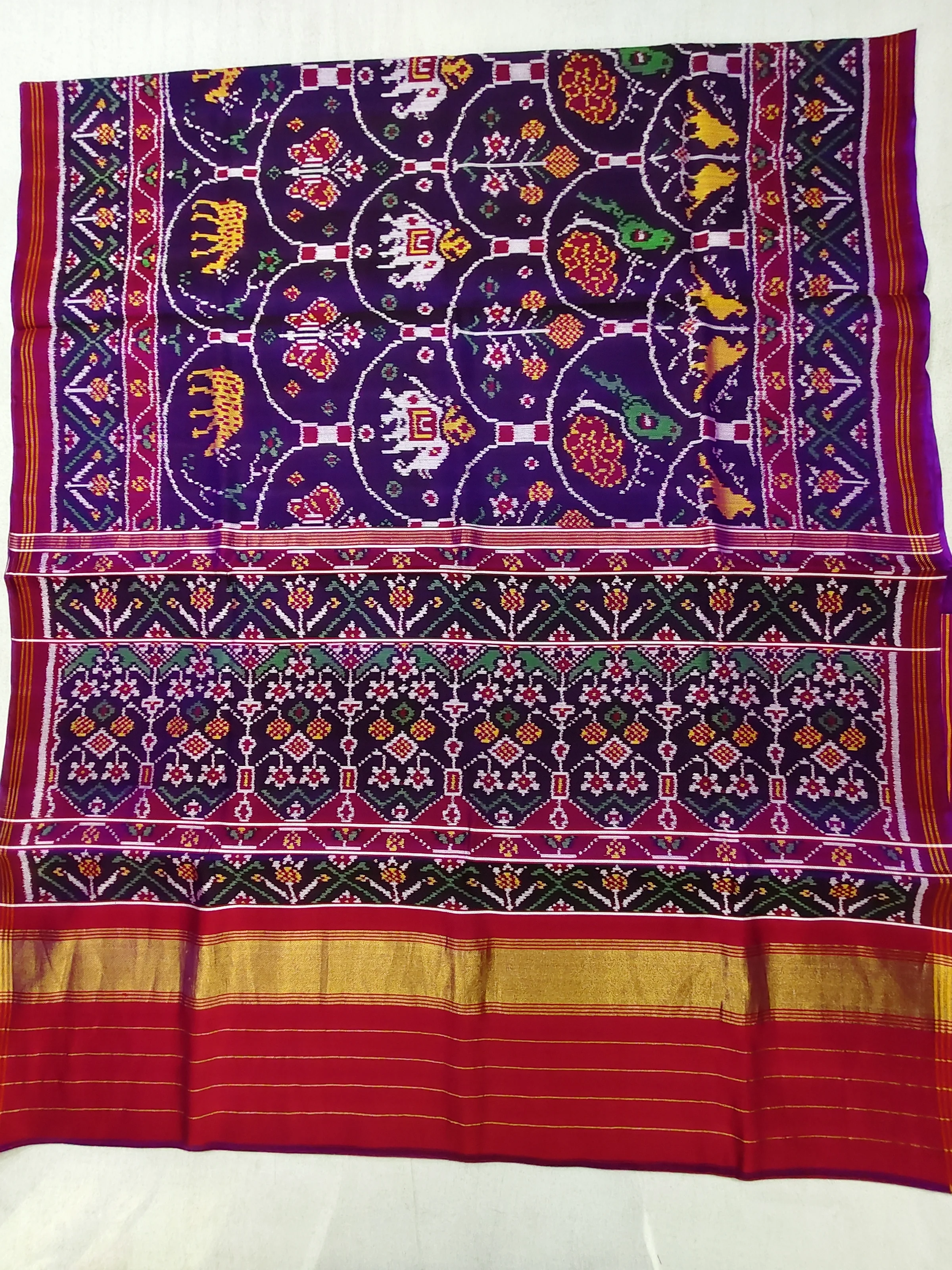 Purple Jad Border Fusion Animal Motifs Twill Ikat Patola Saree