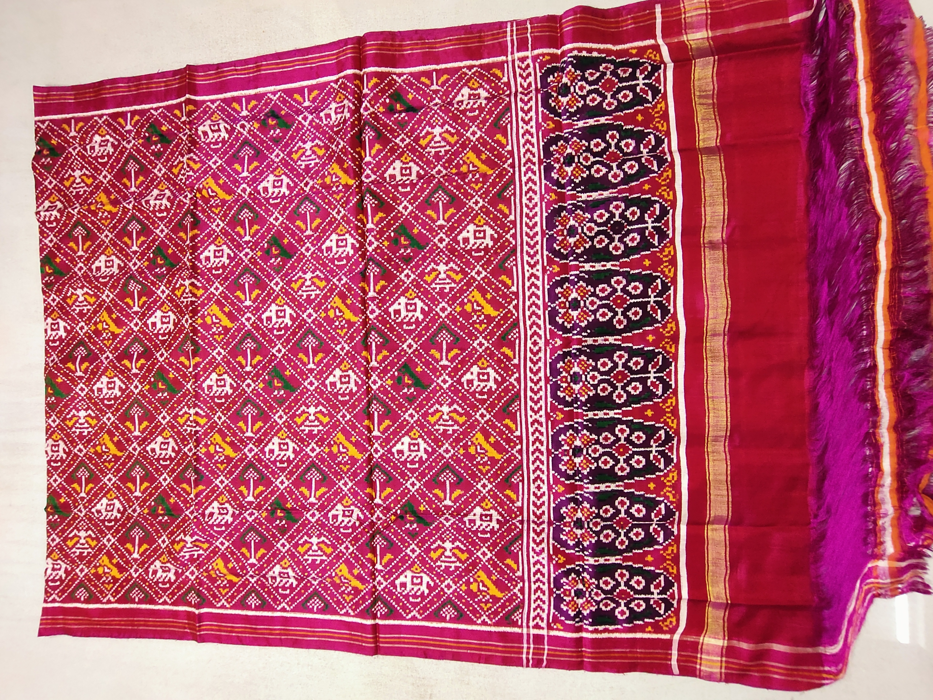 Pink Double Ikat Patola Dupatta with Nanu Narikunj Motifs and Tulsi Pallu