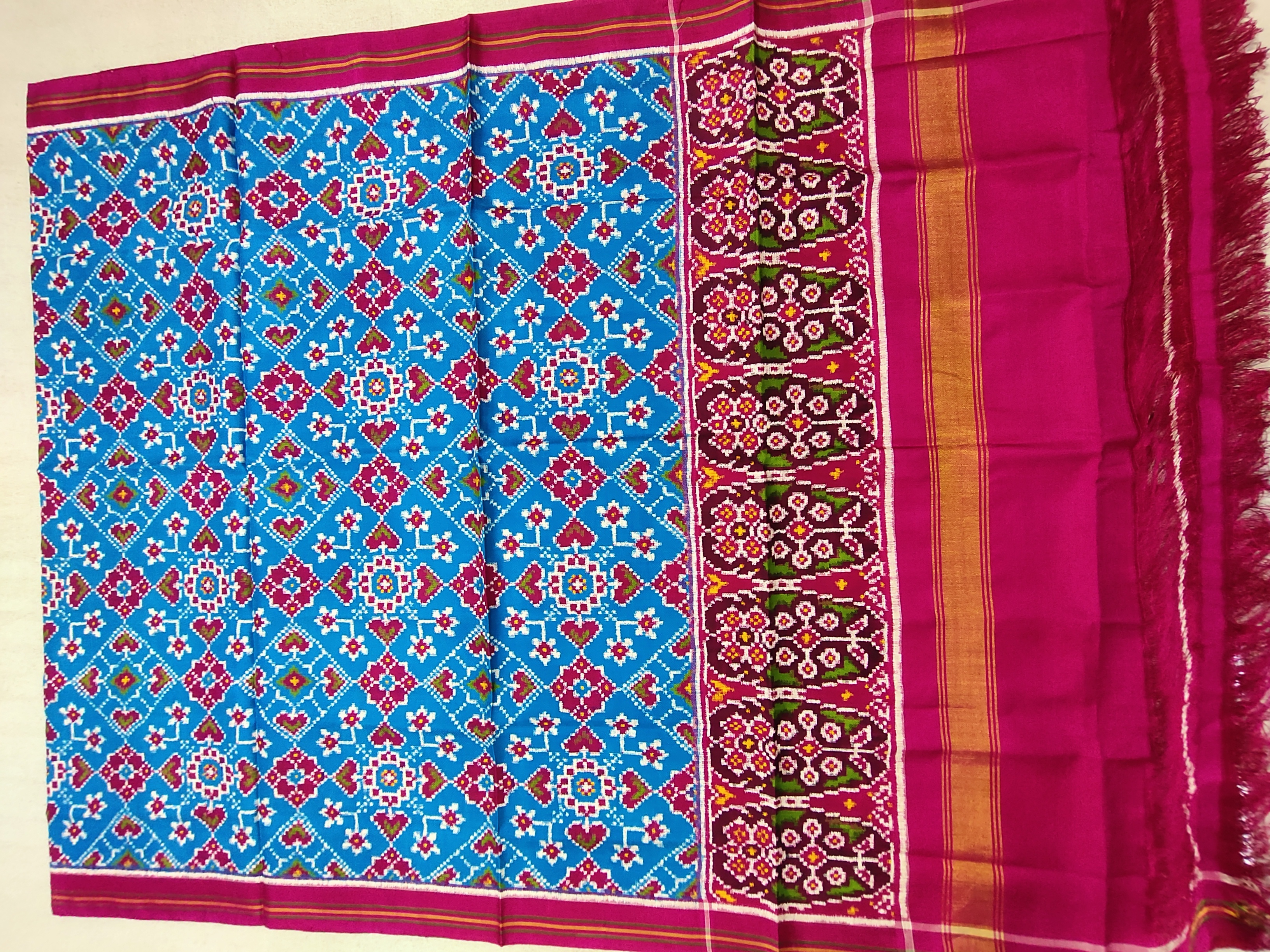 Pink Kinari Tulsi Pallu Patola Saree with Morpich Navratan Manekchowk Mix Designs