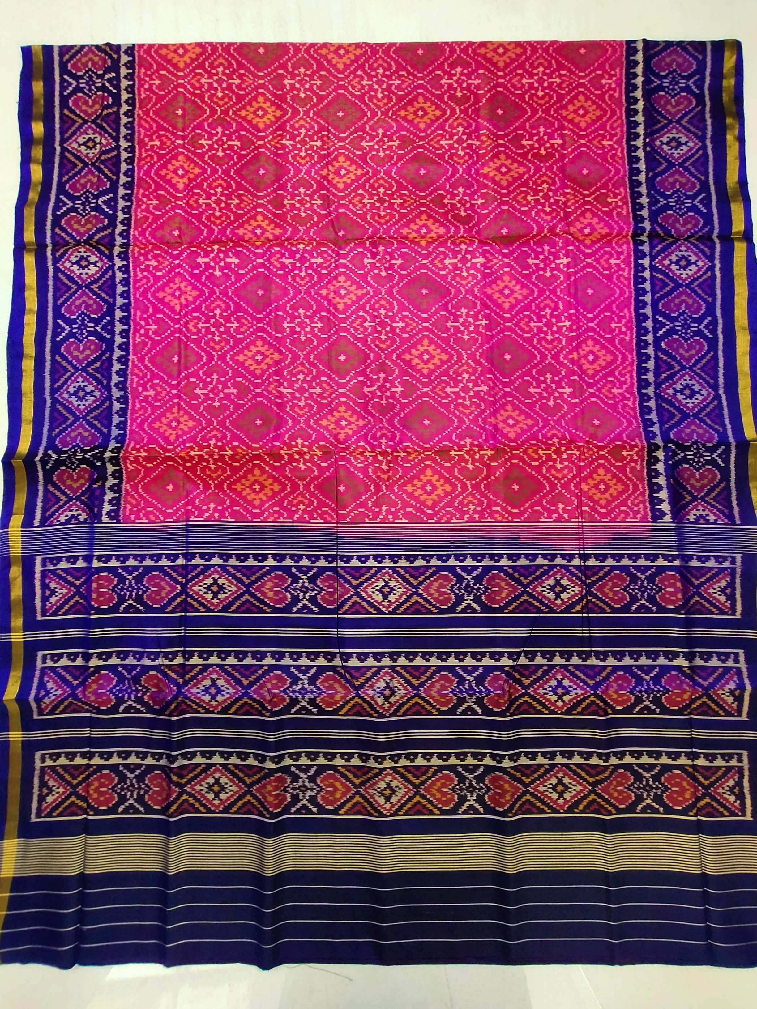 Blue & Pink Single Ikat Patola Saree with Selari Border and Chandabhat Design