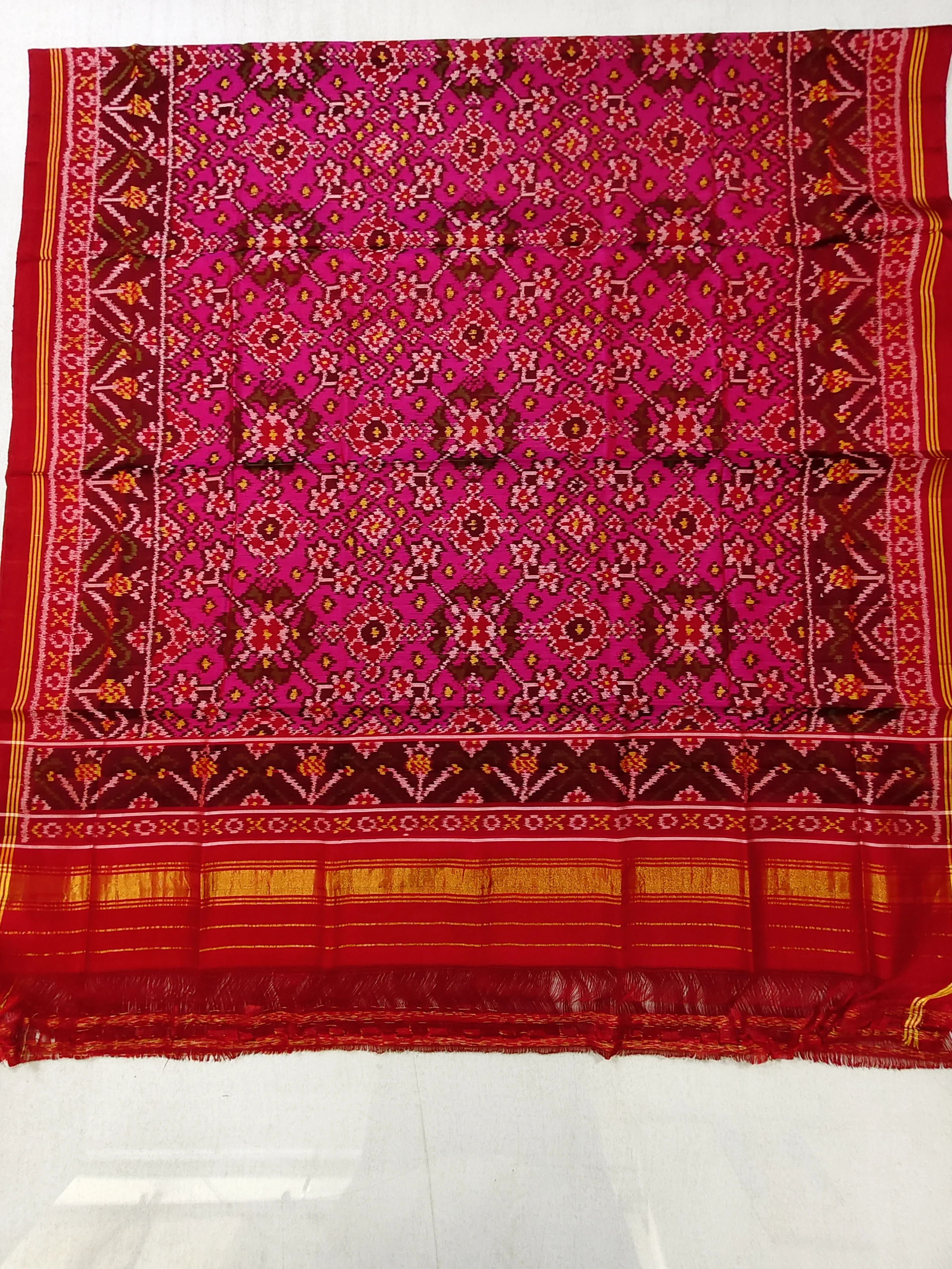 Red Jad Border Navratan Pink Motifs Semi Ikat Dupatta for Chaniya Choli