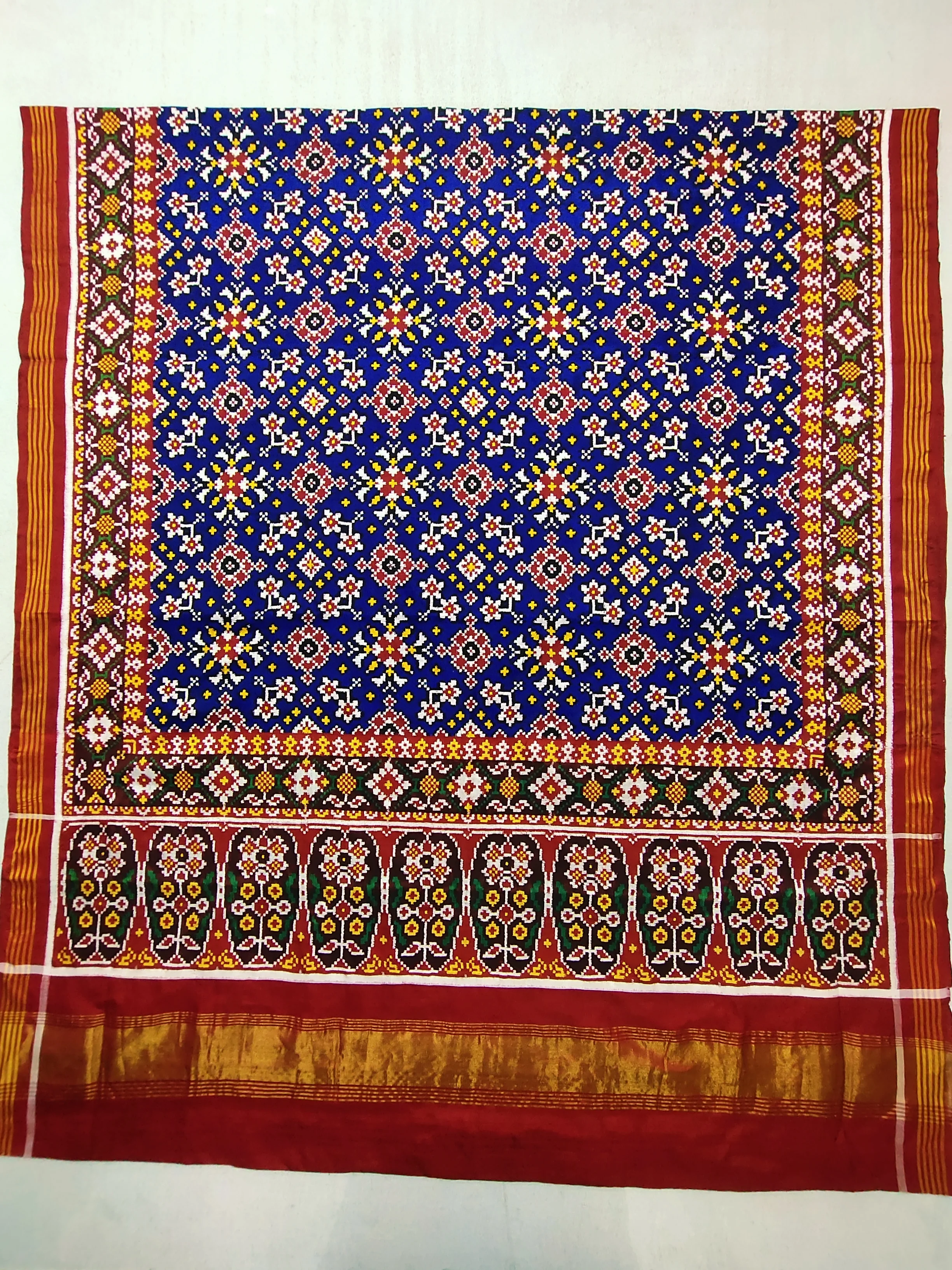 Double Ikat Patola Saree – Red & Blue | Red Rudraksh Border | Blue Navratan Motifs