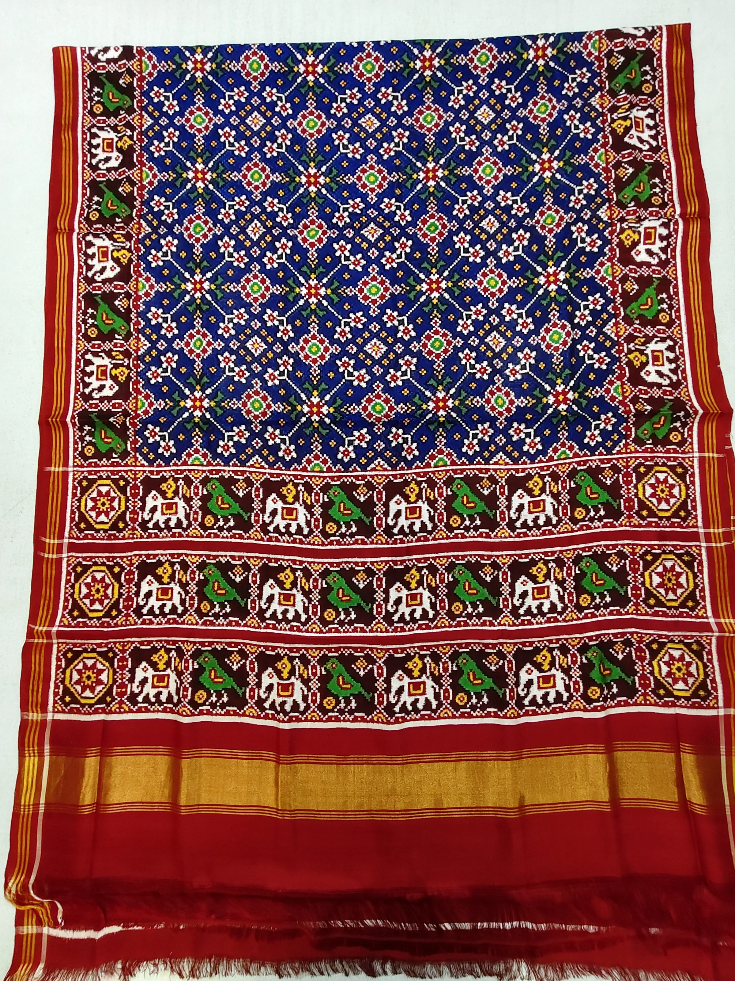 Red Elephant Parrot Border Blue Navratan Motifs Double Ikat Patola Saree
