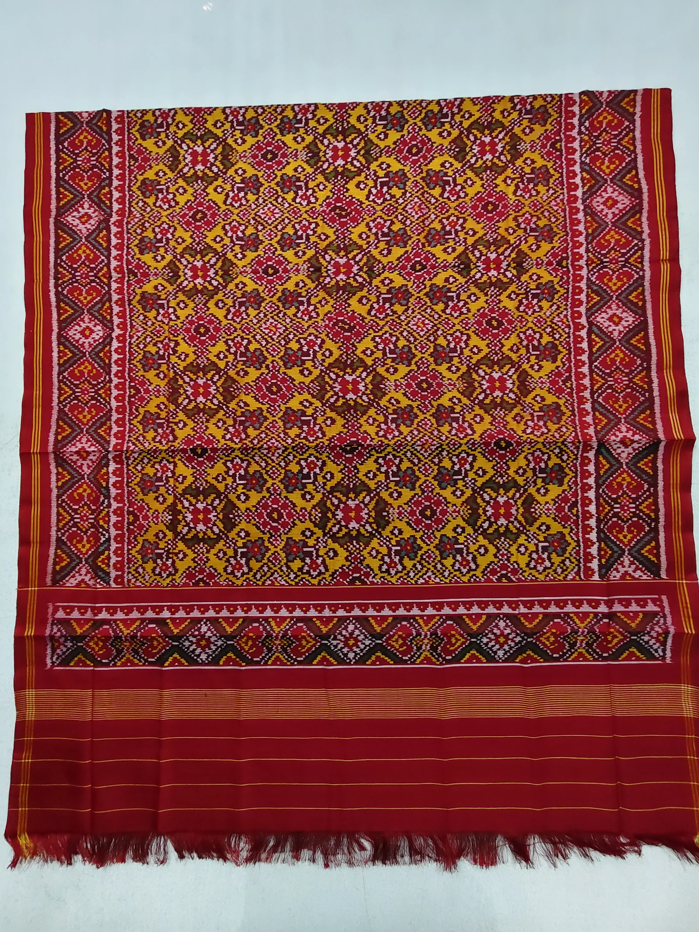 Red Selari Border Mustard Navratan Motifs Semi Ikat Chaniya Choli Dupatta