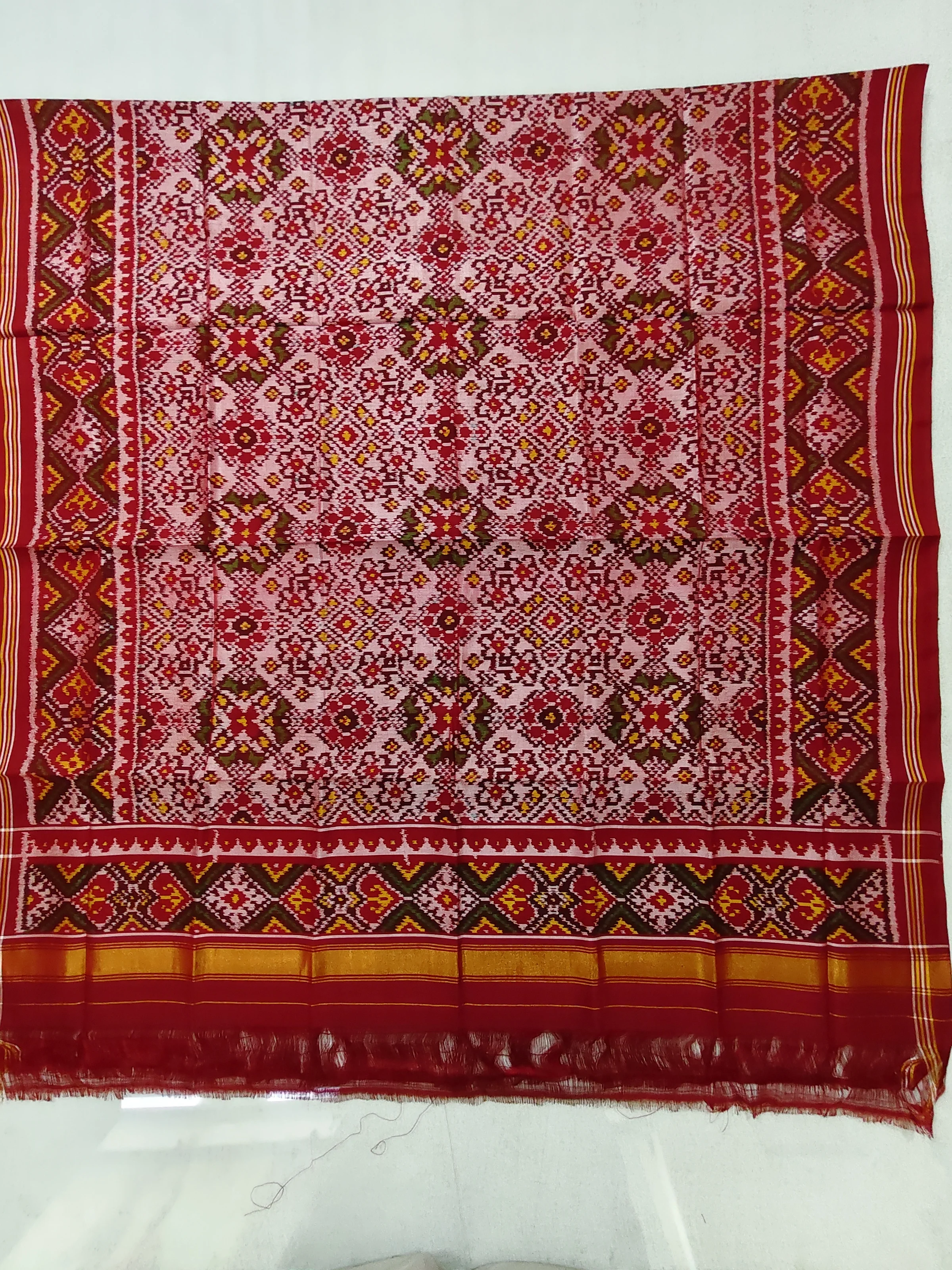 Red White Navratan Motifs Semi Ikat Dupatta for Chaniya Choli