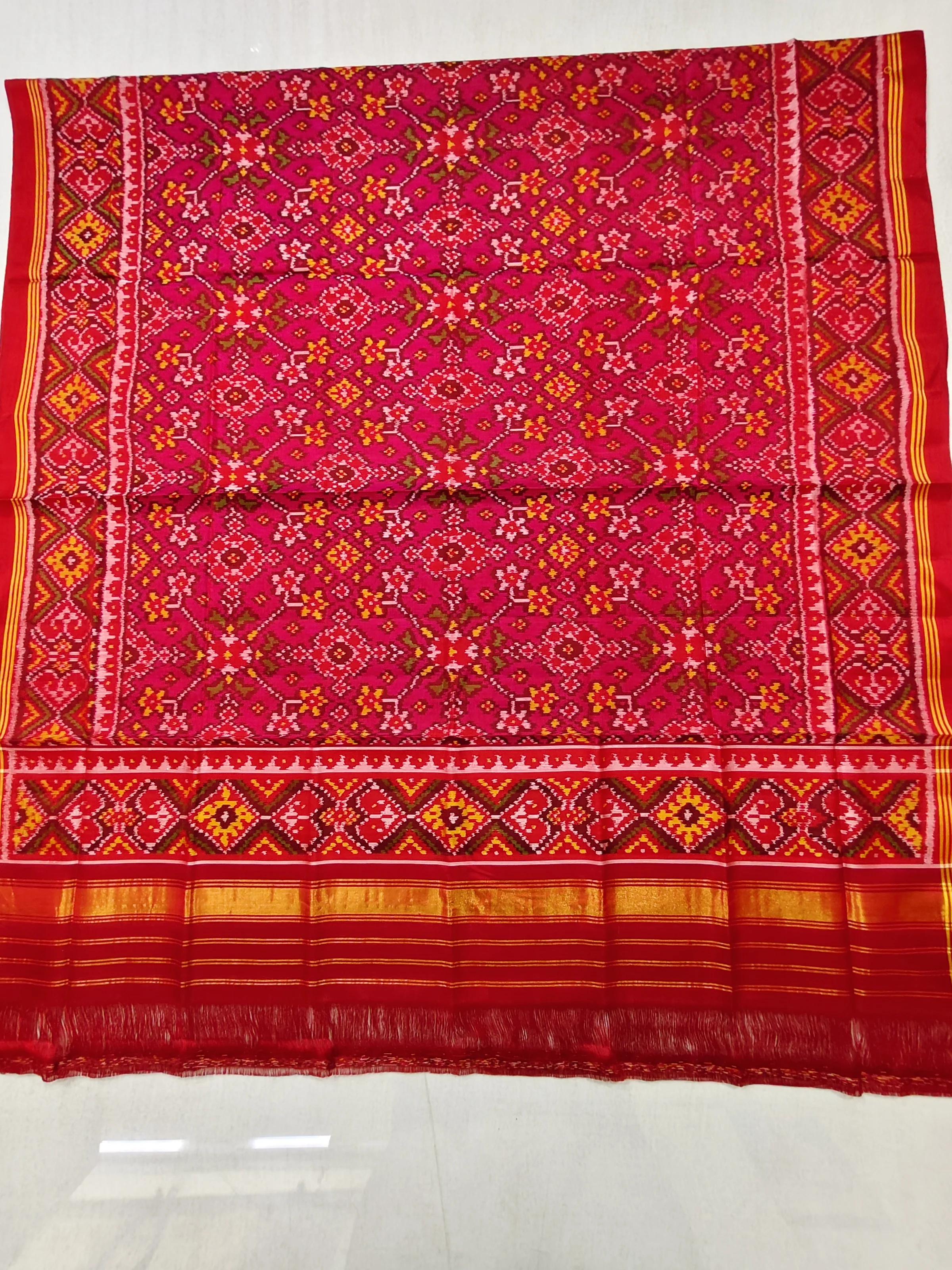 Red Selari Border Pink Navratan Motifs Semi Ikat Dupatta for Chaniya Choli