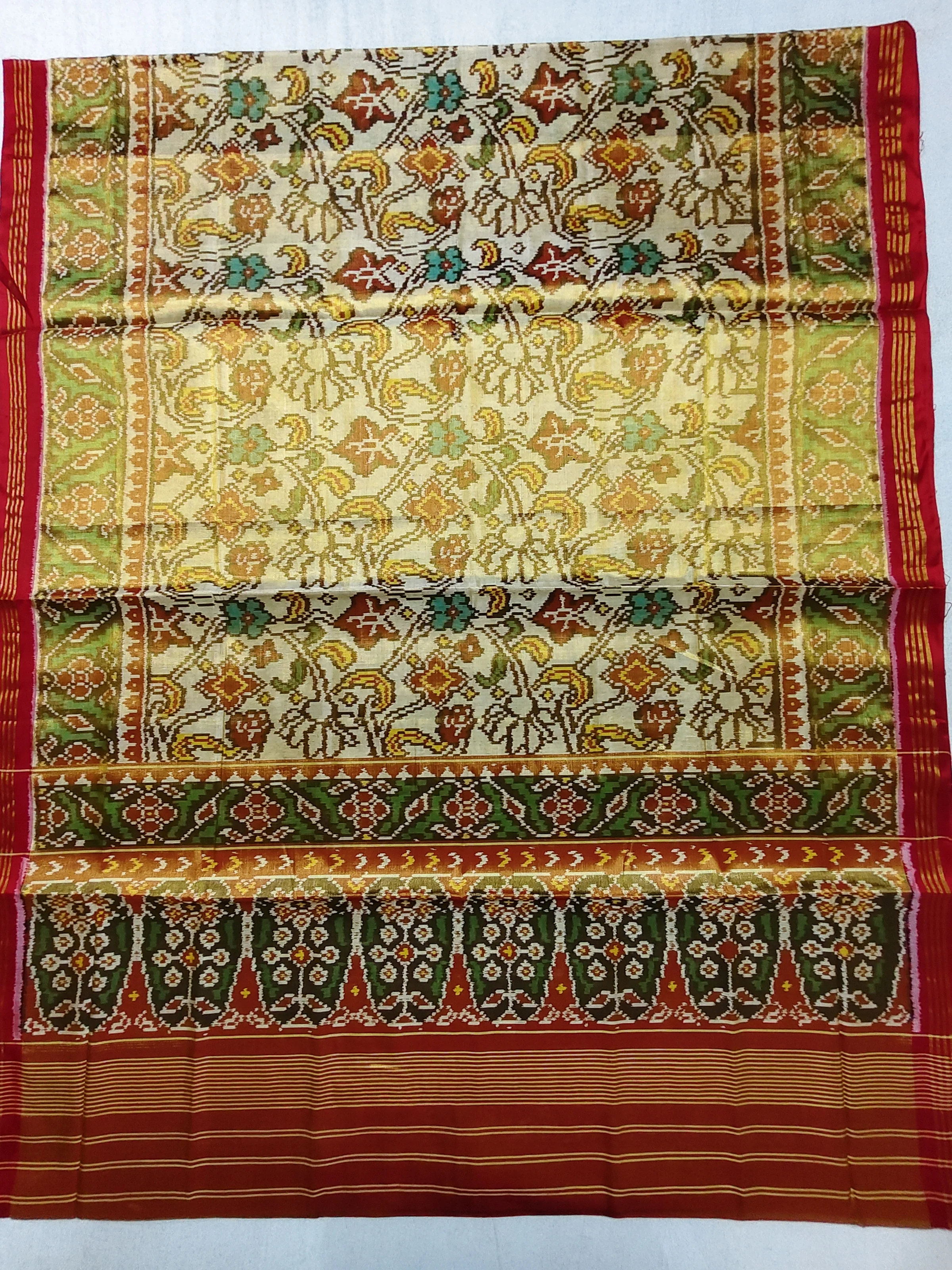 Tissue Red Triful Border White Fusion Animal Motifs Patola Saree