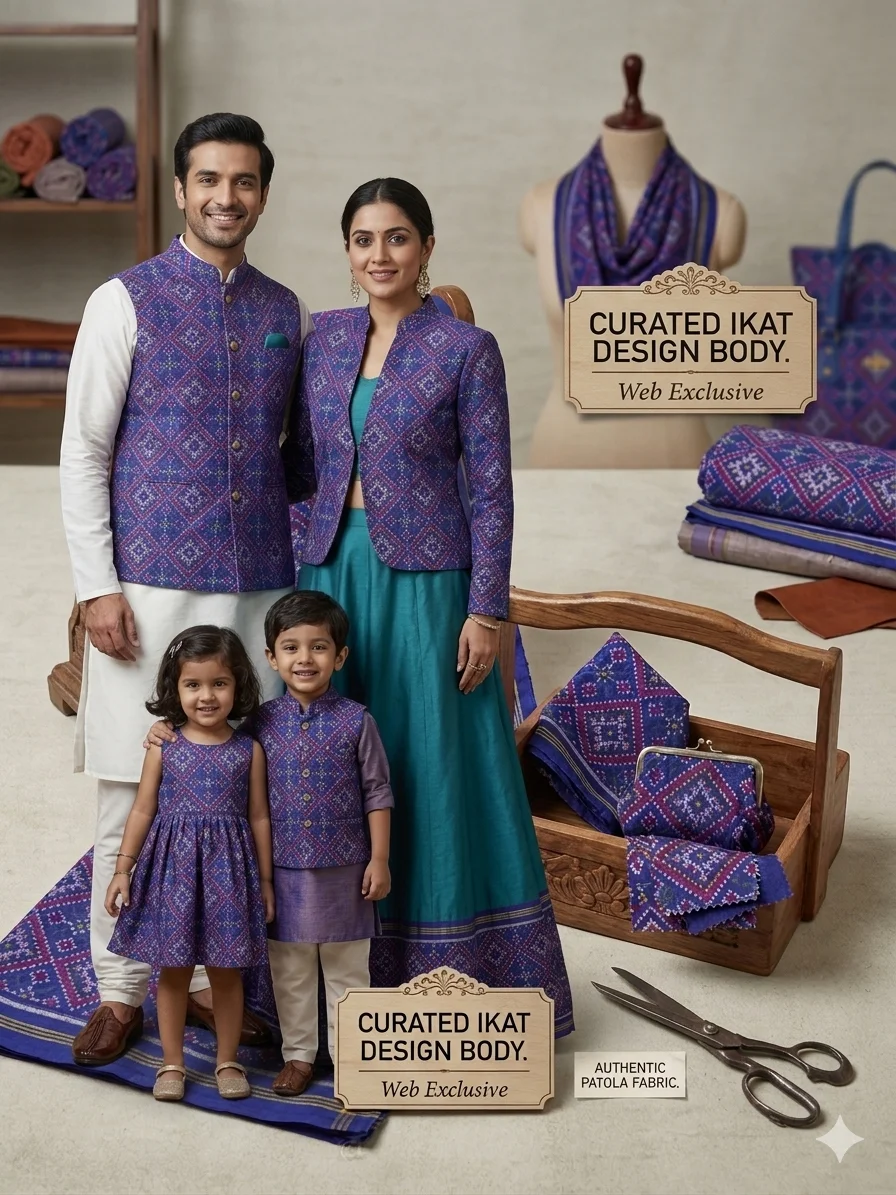 Royal Blue Chandabhat Motifs Semi Ikat Multiuse Fabric Material – 7.50 Meter Length