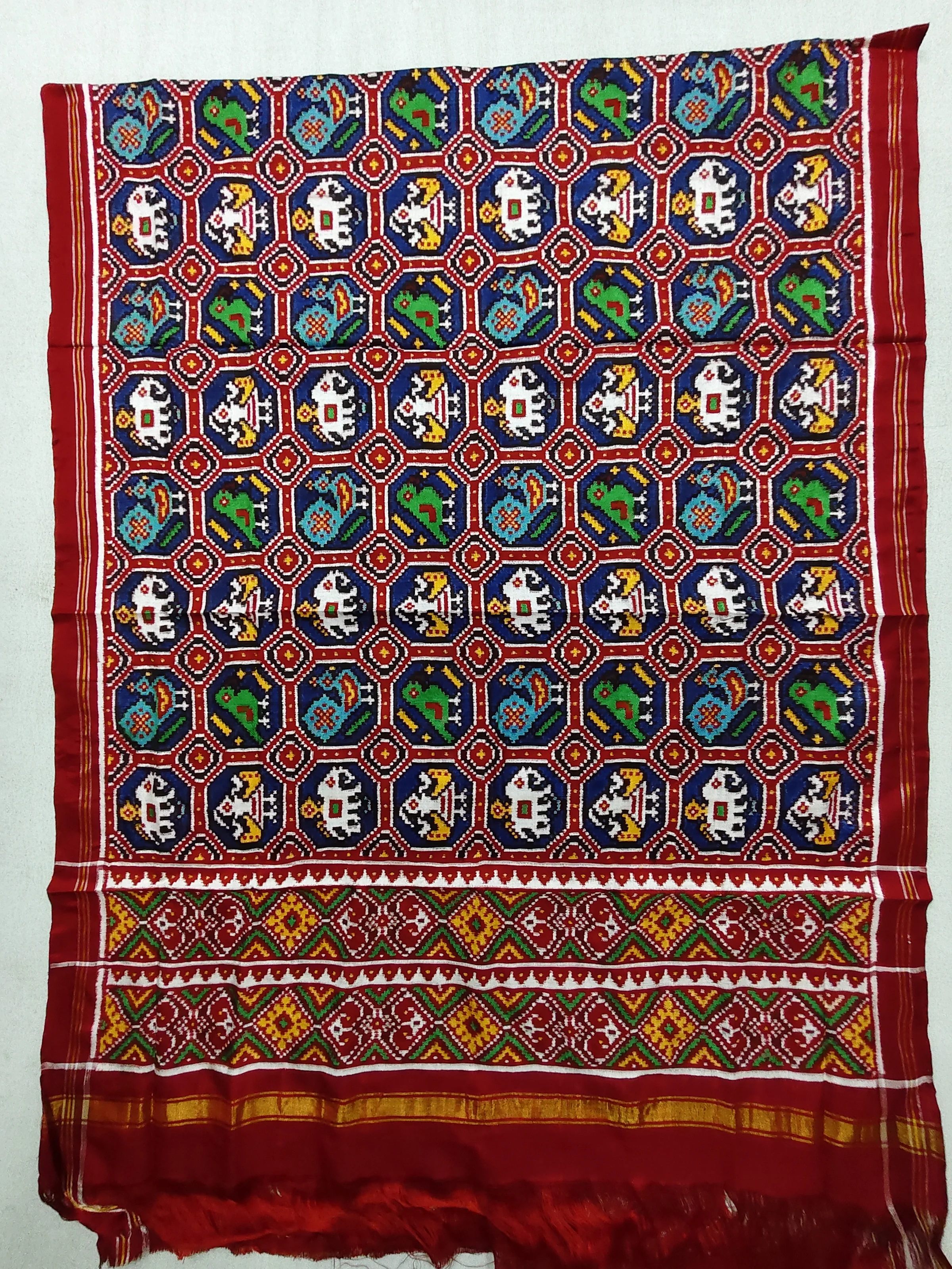 Red Selari Pallu Blue Animal Motifs Double Ikat Chaniya Choli Dupatta