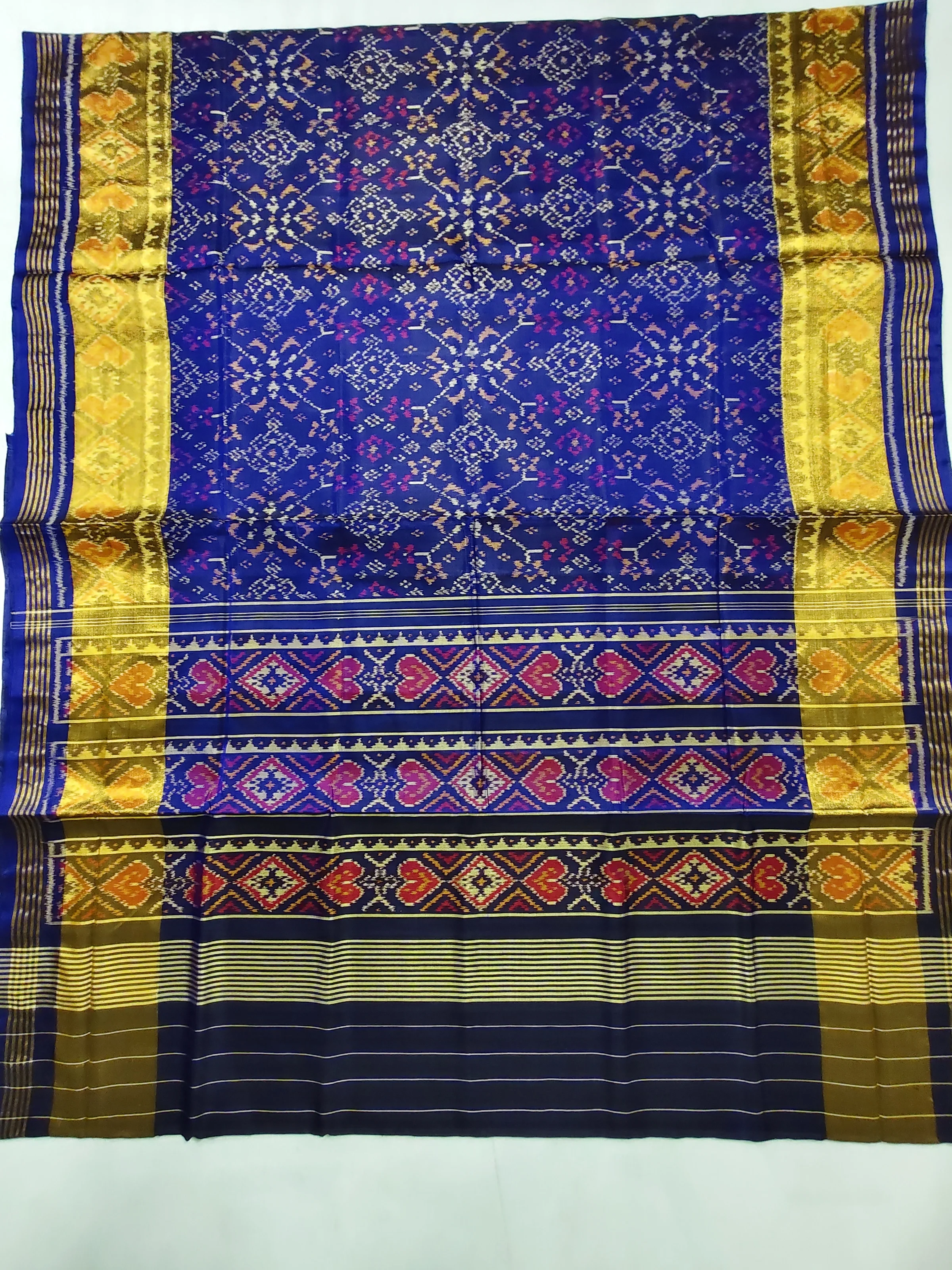 Dark Blue Selari Border Navratan Motifs Single Ikat Patola Saree with Blouse Piece (6 Ply Silk)